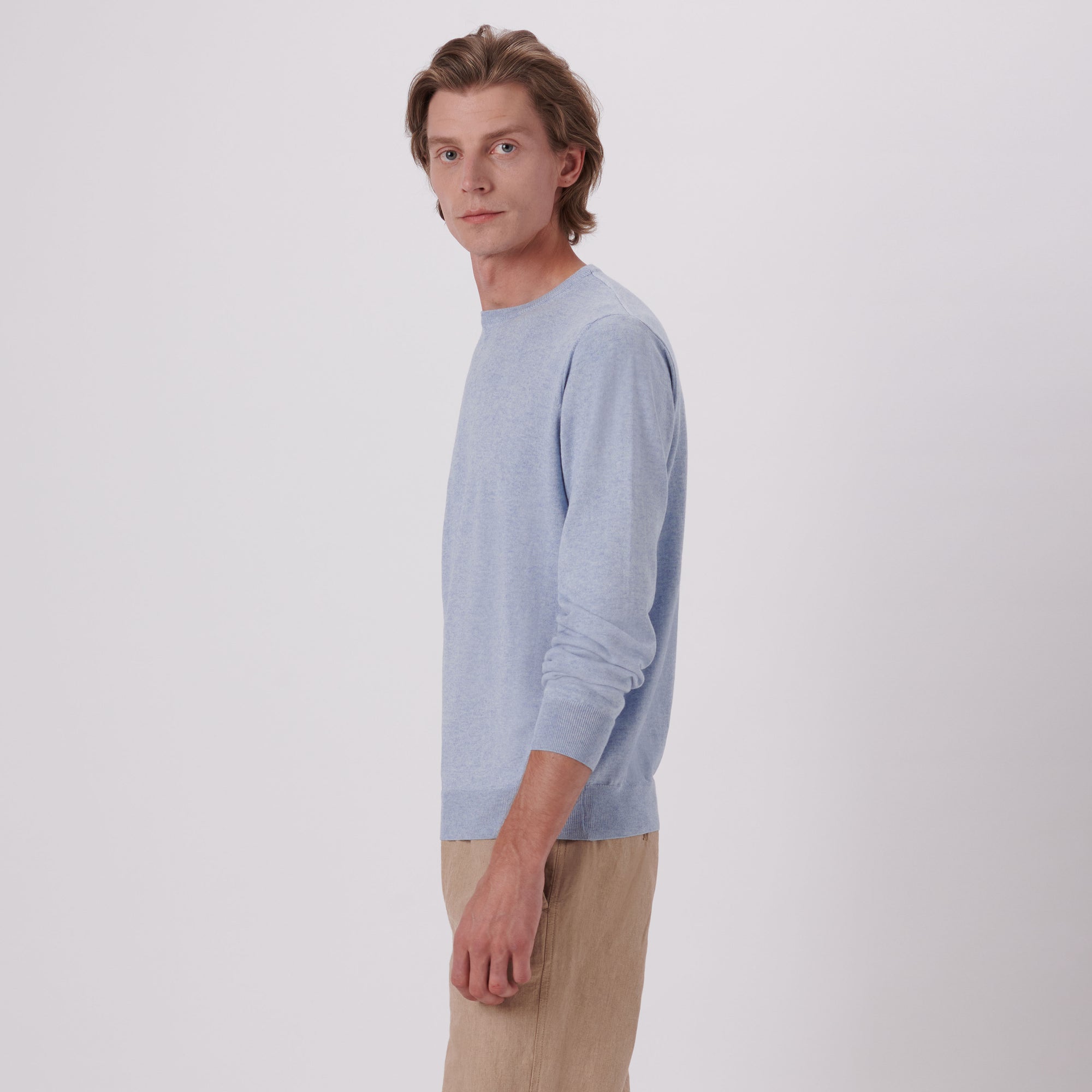 Solid Cotton Cashmere Crew Neck Sweater