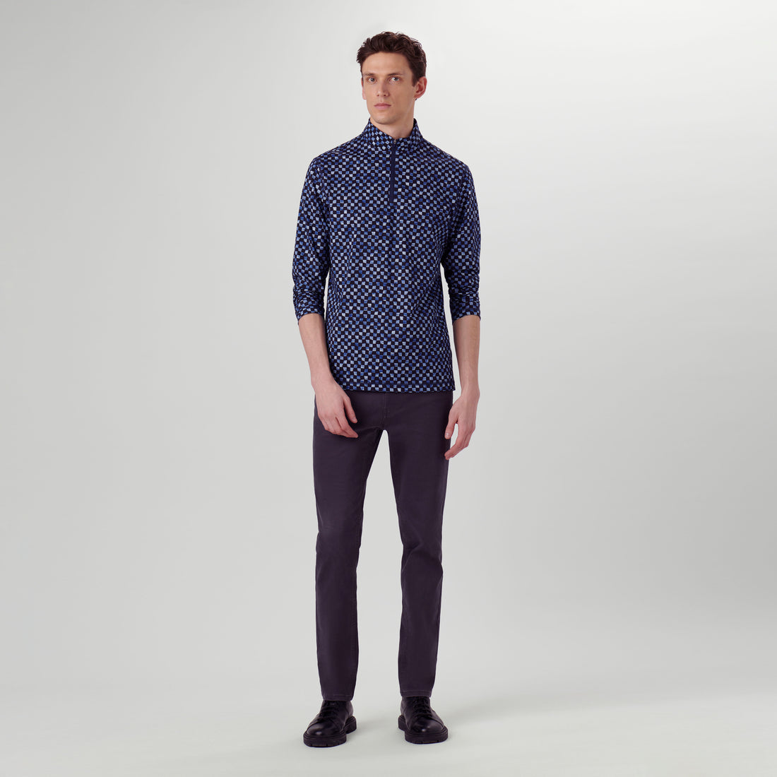 Anthony Checker Print OoohCotton Quarter Zip Pullover in Navy