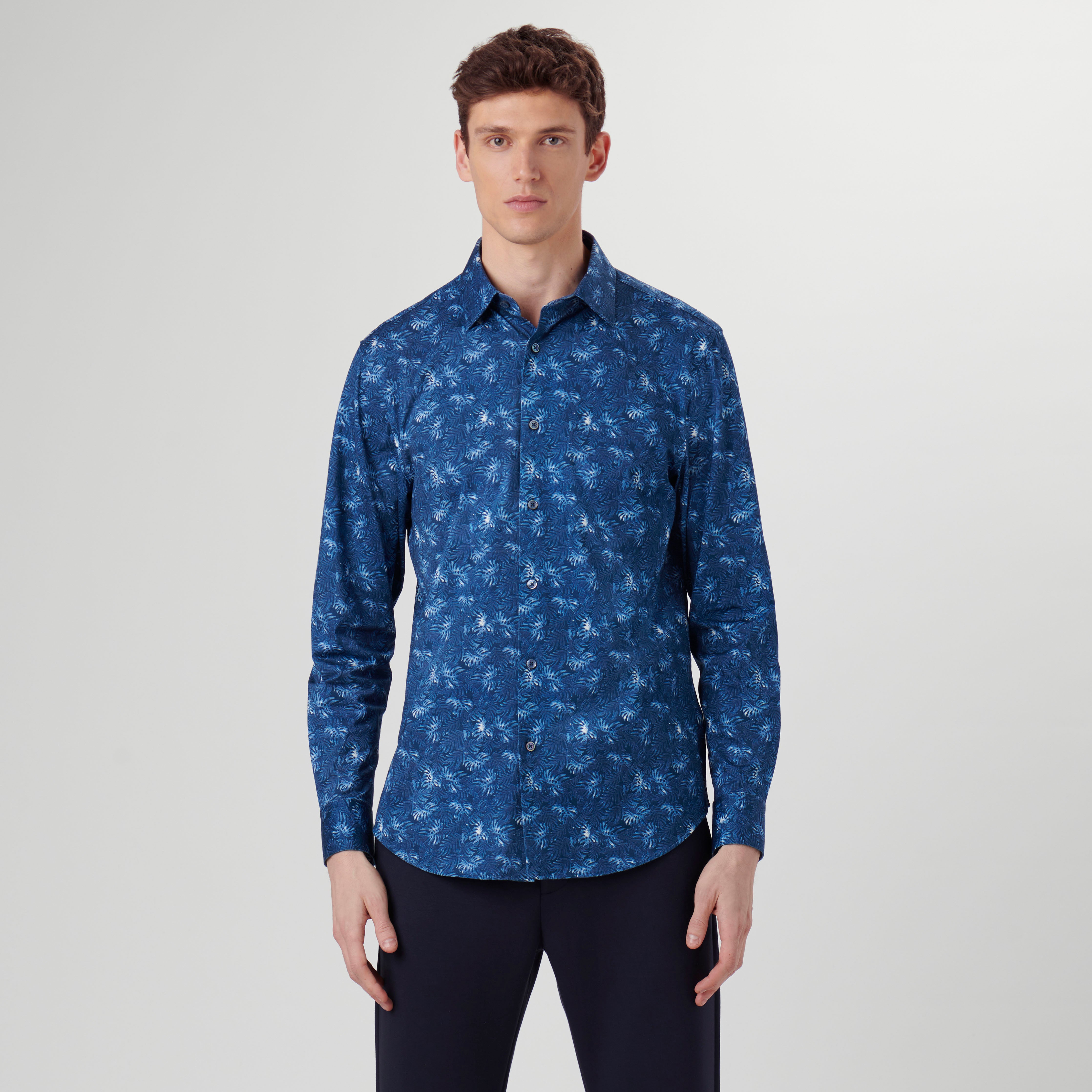 James Leaf Print OoohCotton Shirt in Night Blue – BUGATCHI