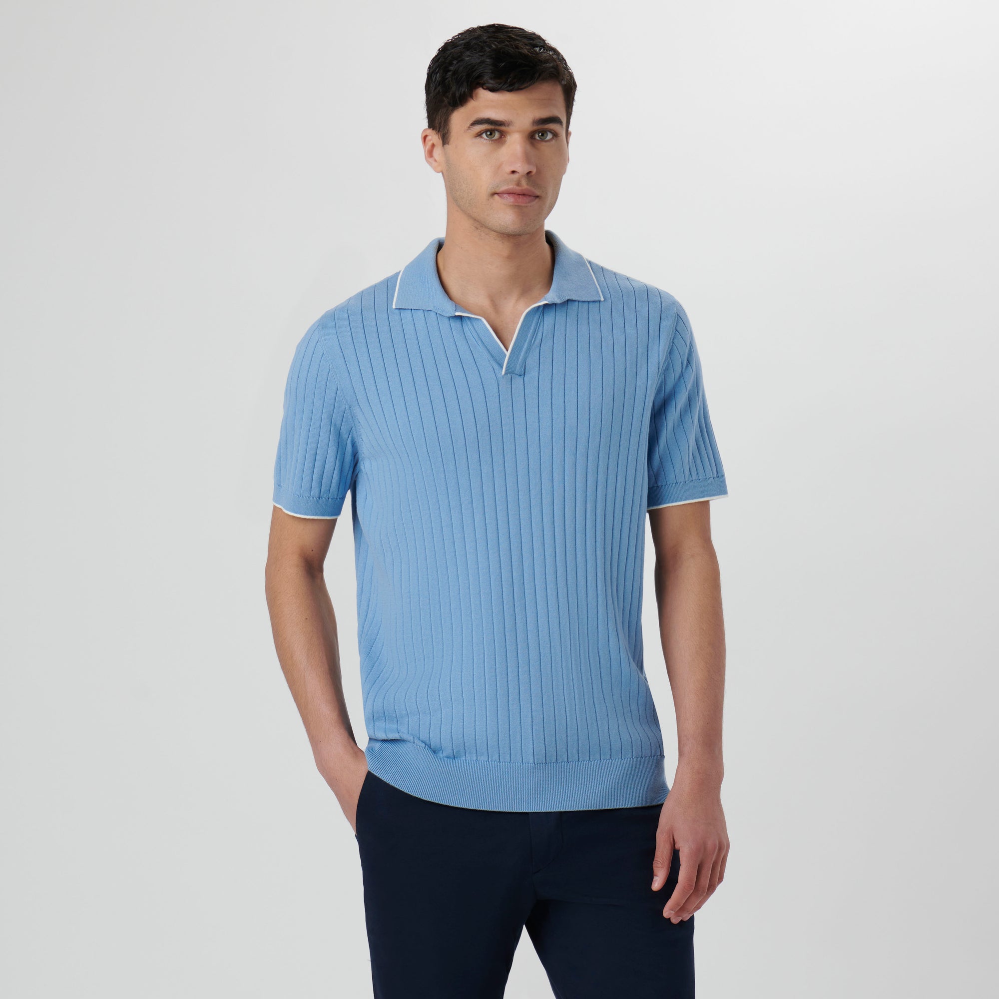 Rib Knit Short Sleeve Johnny Collar Sweater