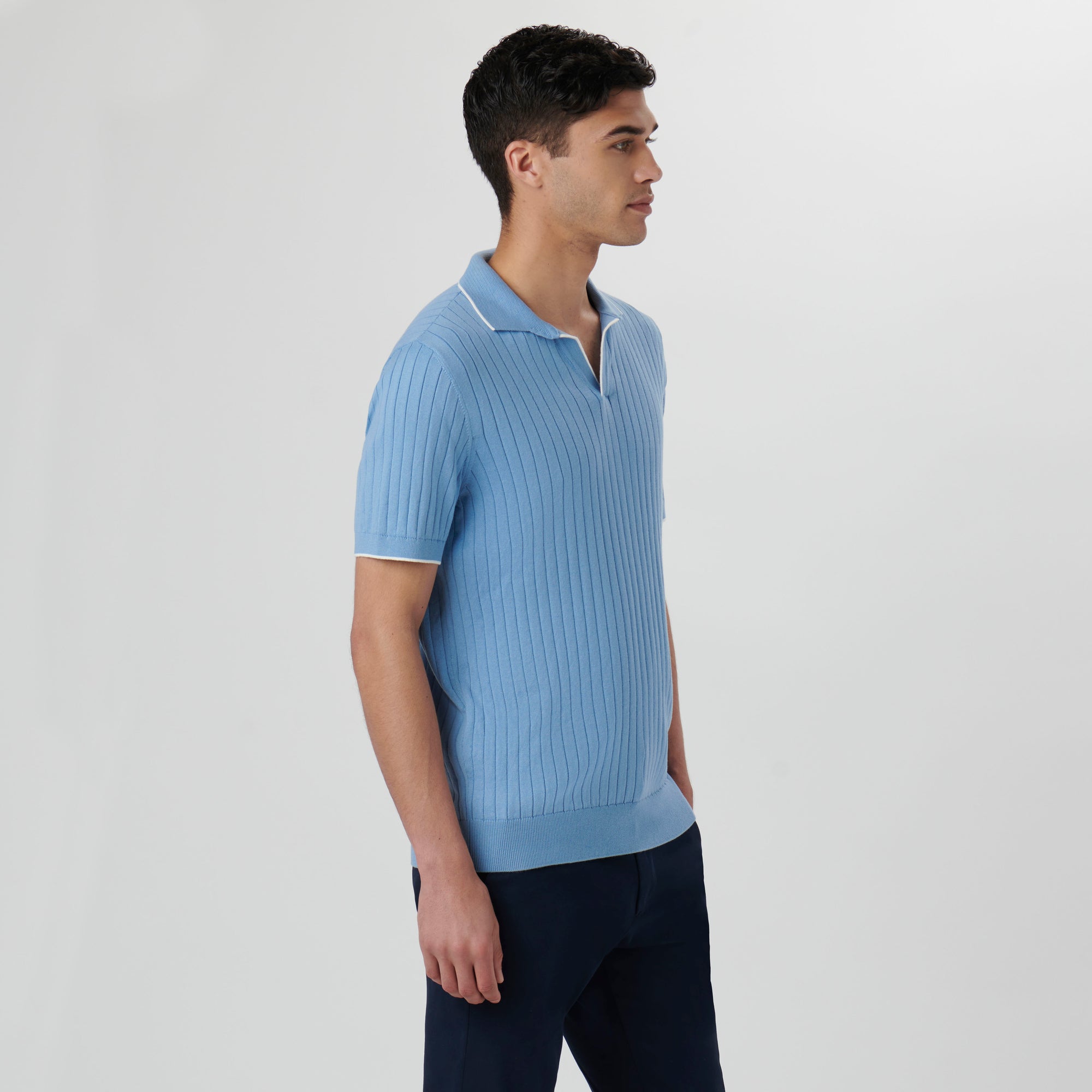 Rib Knit Short Sleeve Johnny Collar Sweater