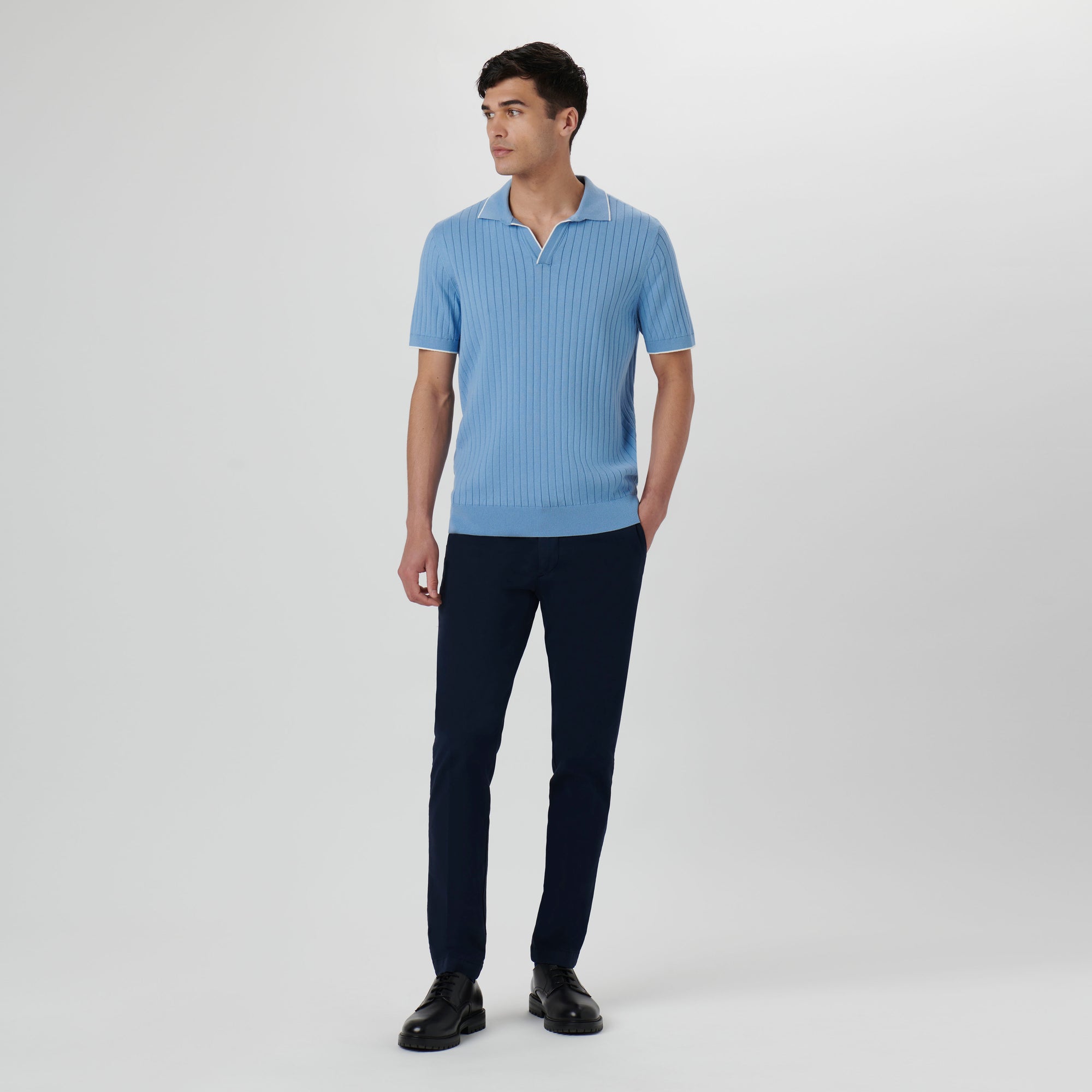 Rib Knit Short Sleeve Johnny Collar Sweater