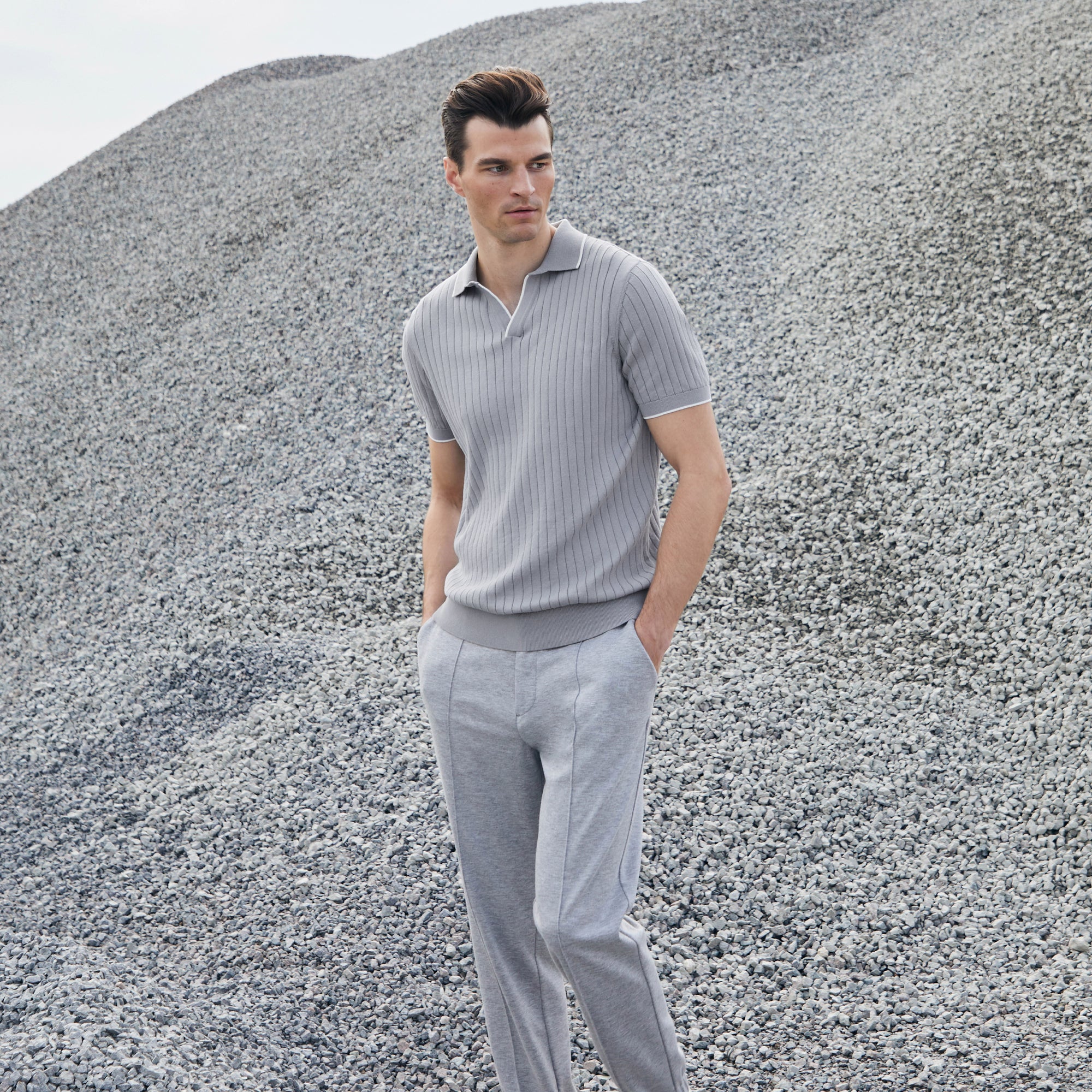 Rib Knit Short Sleeve Johnny Collar Sweater