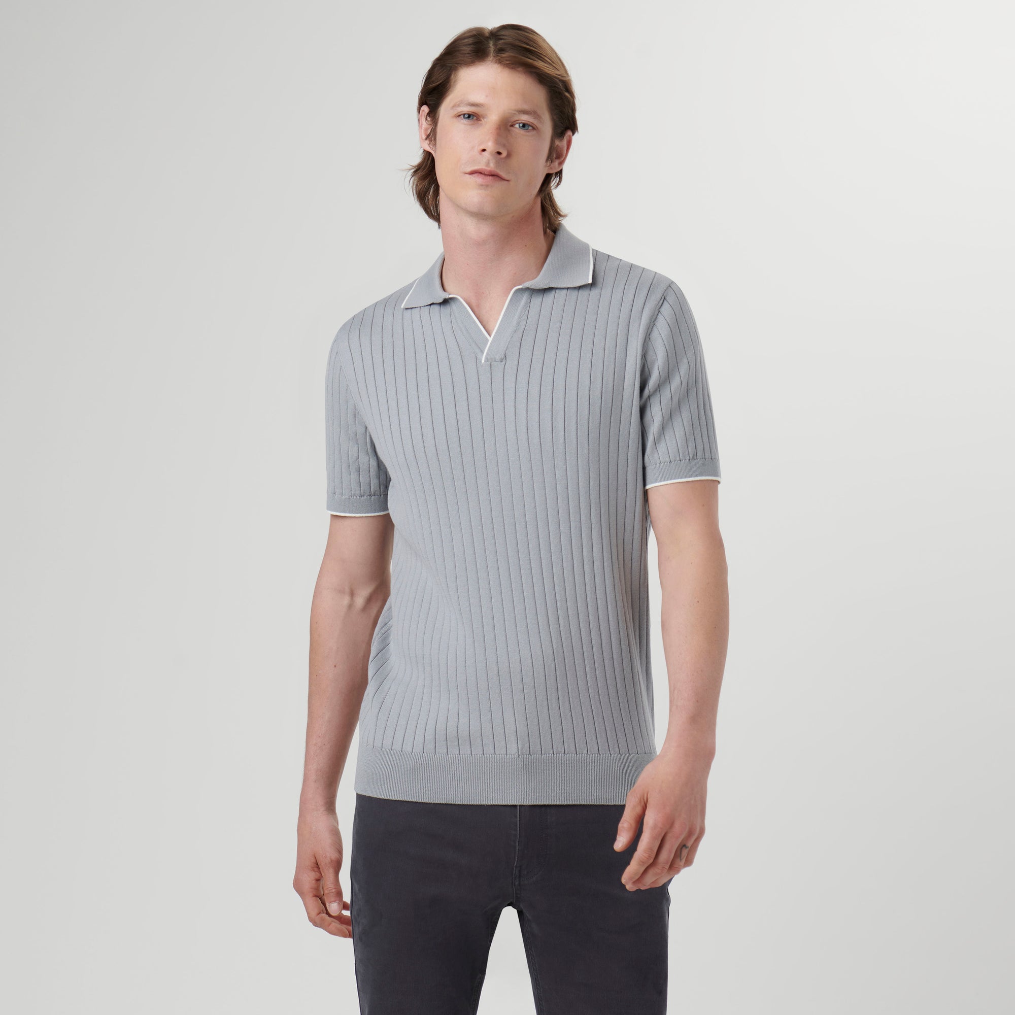 Rib Knit Short Sleeve Johnny Collar Sweater