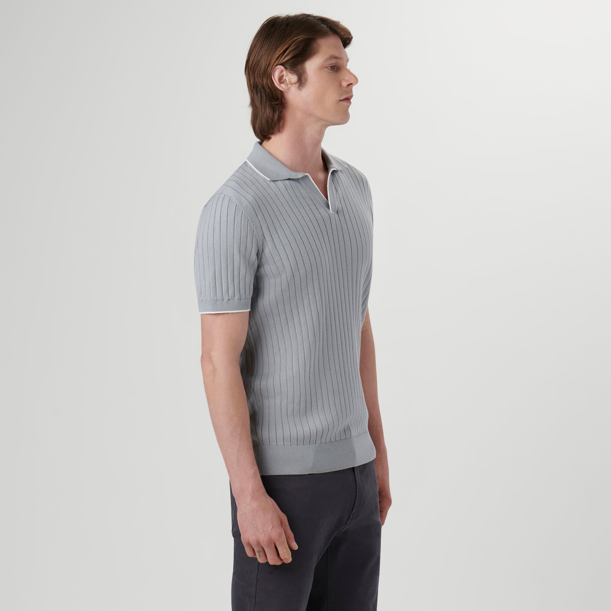 Rib Knit Short Sleeve Johnny Collar Sweater