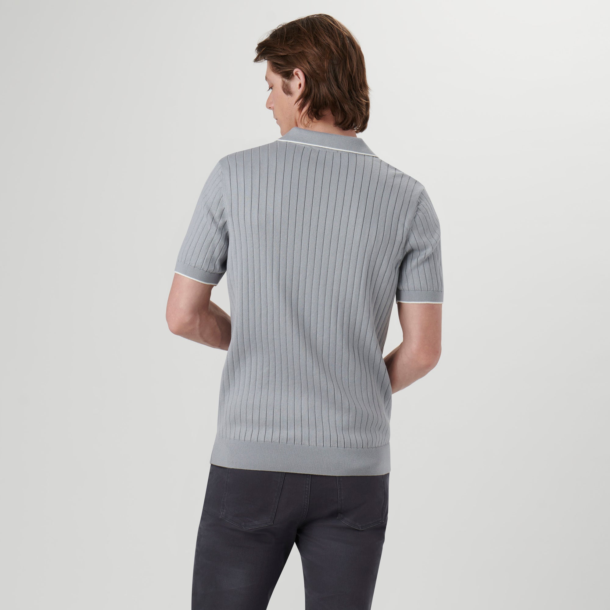 Rib Knit Short Sleeve Johnny Collar Sweater