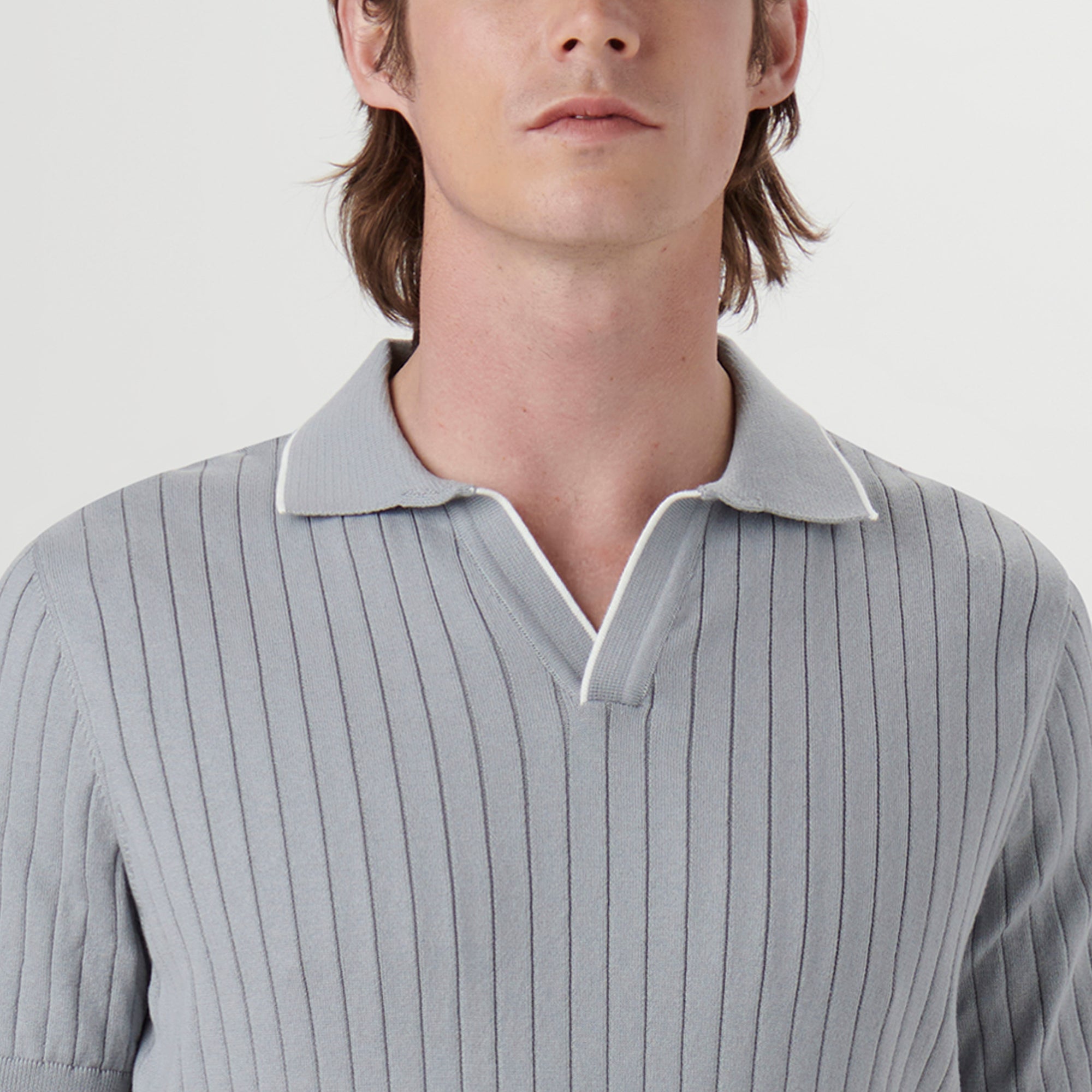 Rib Knit Short Sleeve Johnny Collar Sweater