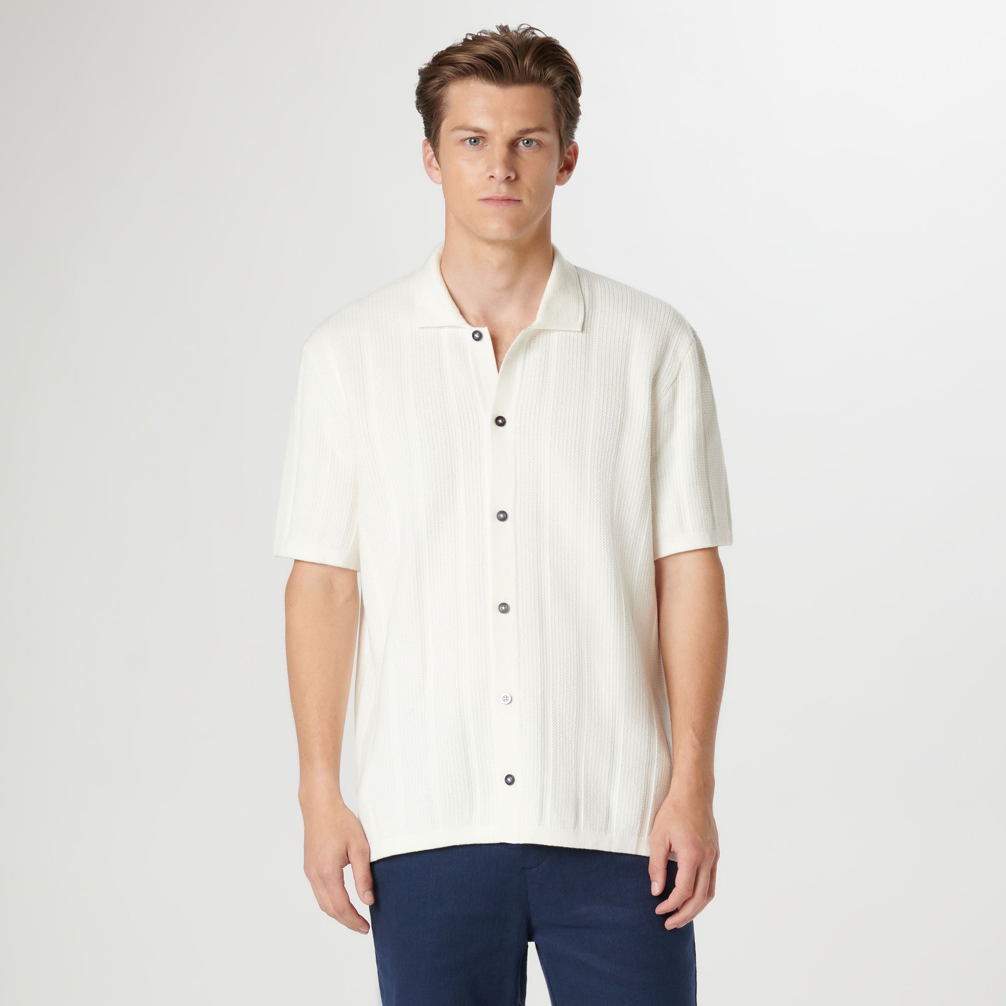 Waffle Rib Full Button Short Sleeve Polo Sweater