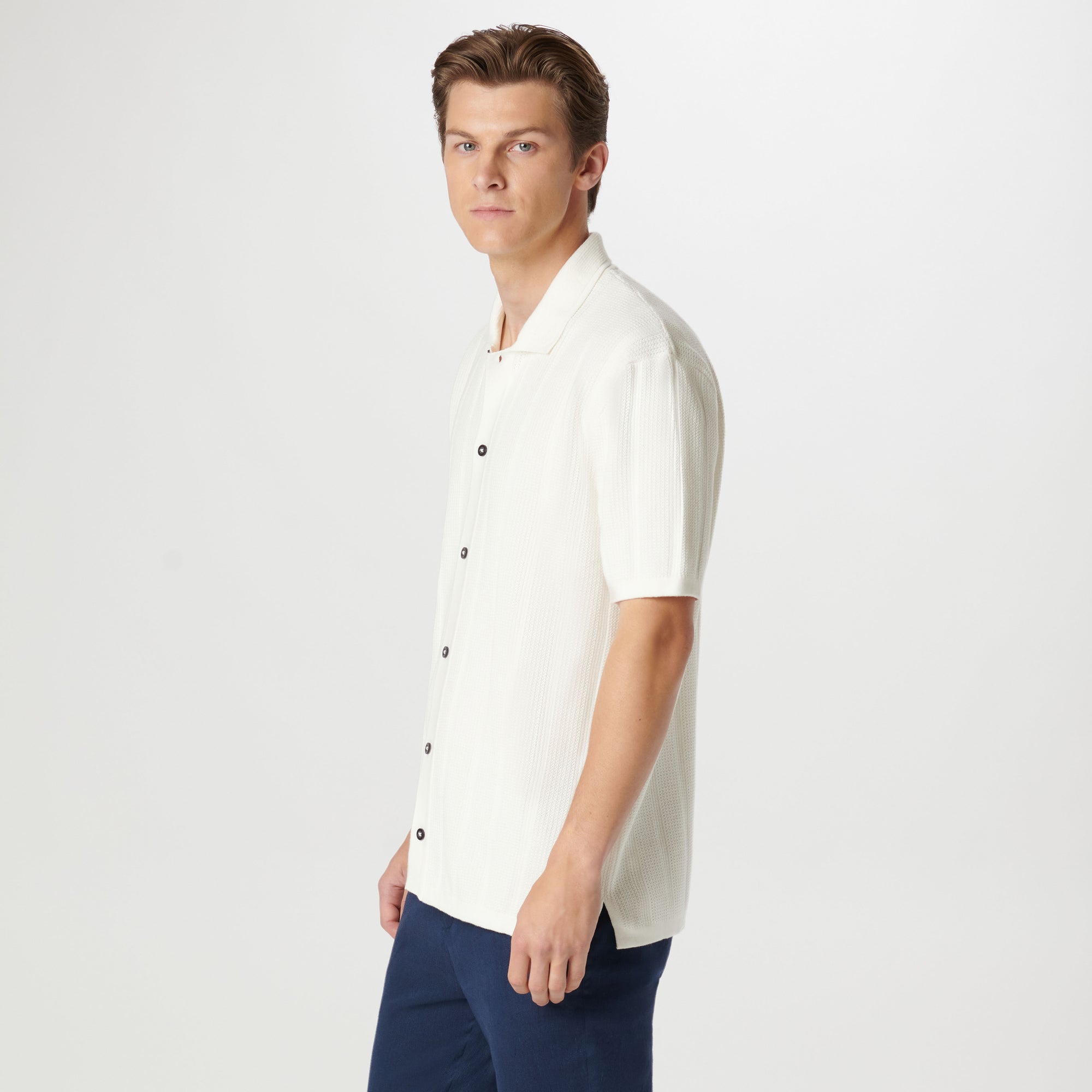 Waffle Rib Full Button Short Sleeve Polo Sweater