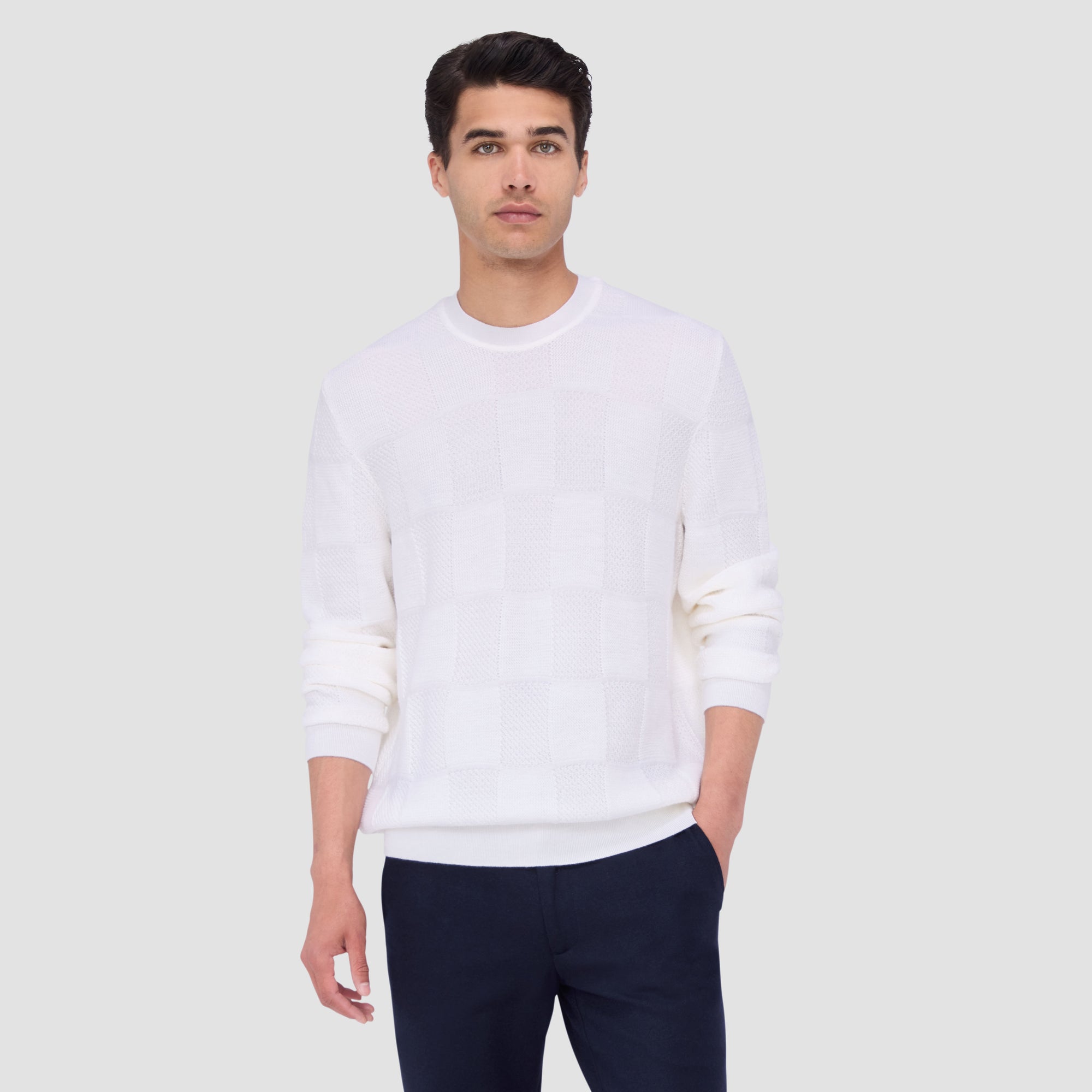 Multi-Stitch Check Jacquard Crew Neck Sweater