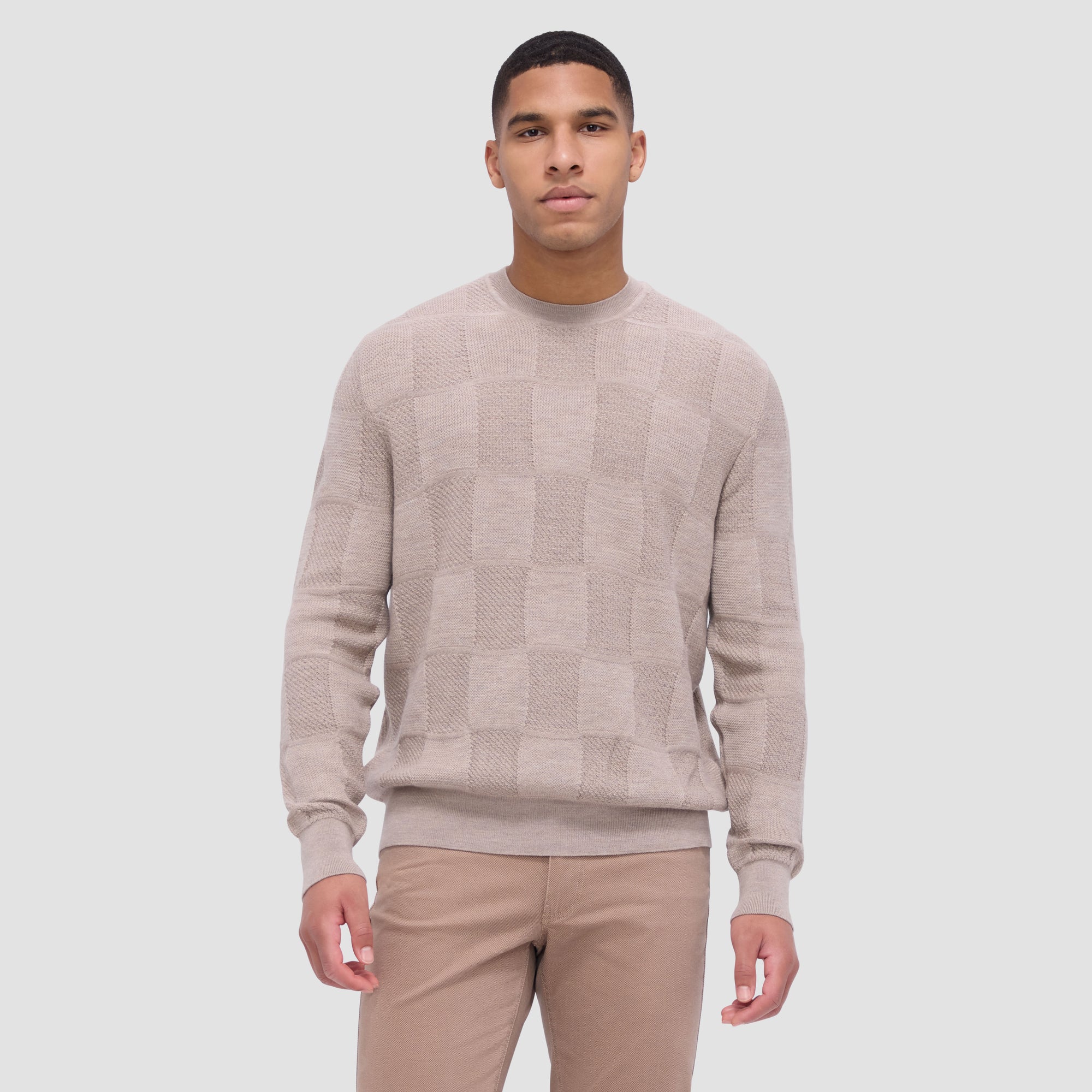 Multi-Stitch Check Jacquard Crew Neck Sweater