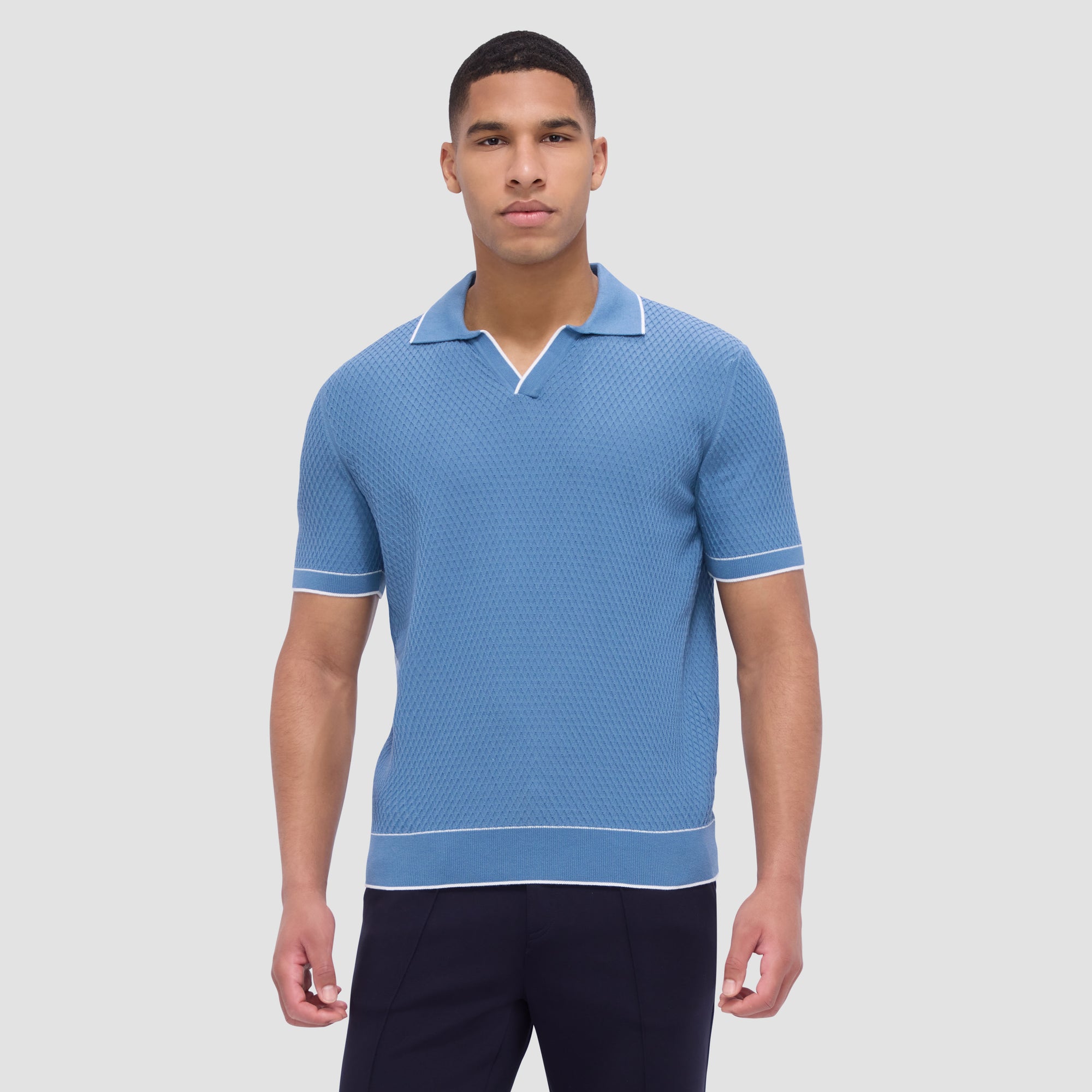 Honeycomb Stitch Short-Sleeved Johnny Collar Sweater