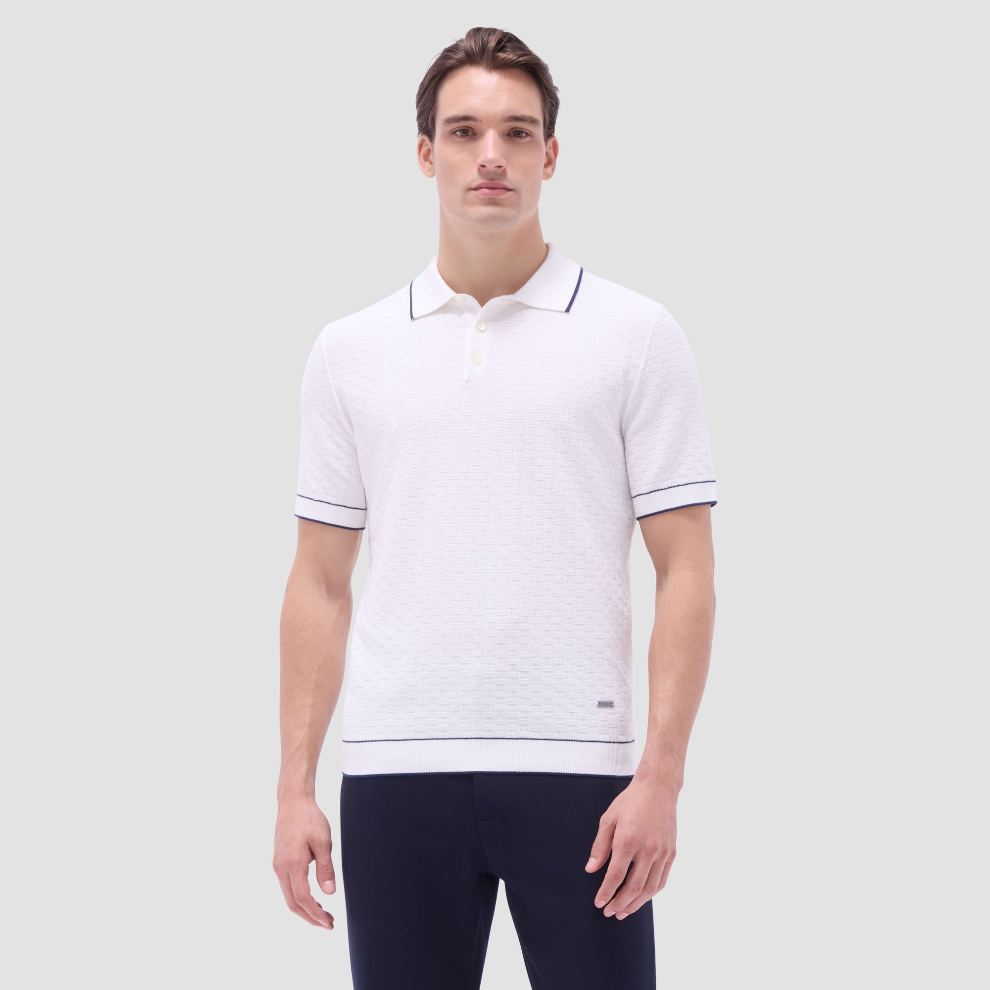 Basket Stitch Three Button Polo Sweater