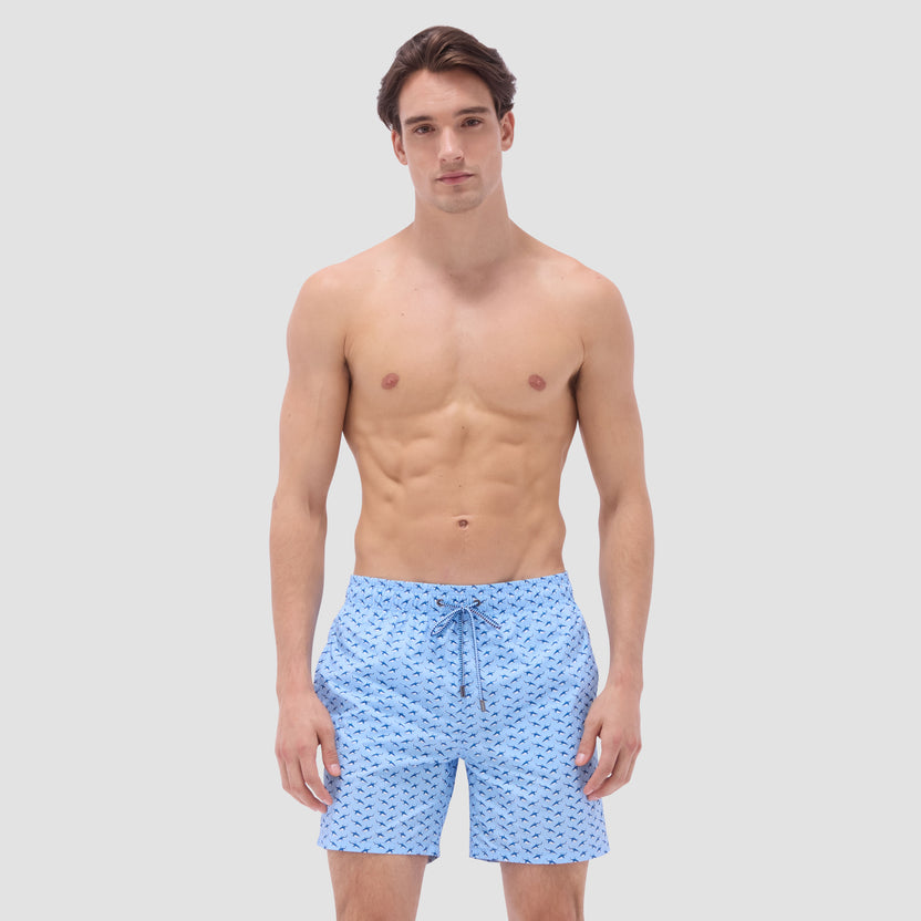 Bottoms-Cosmo Fish Print Swim Trunks