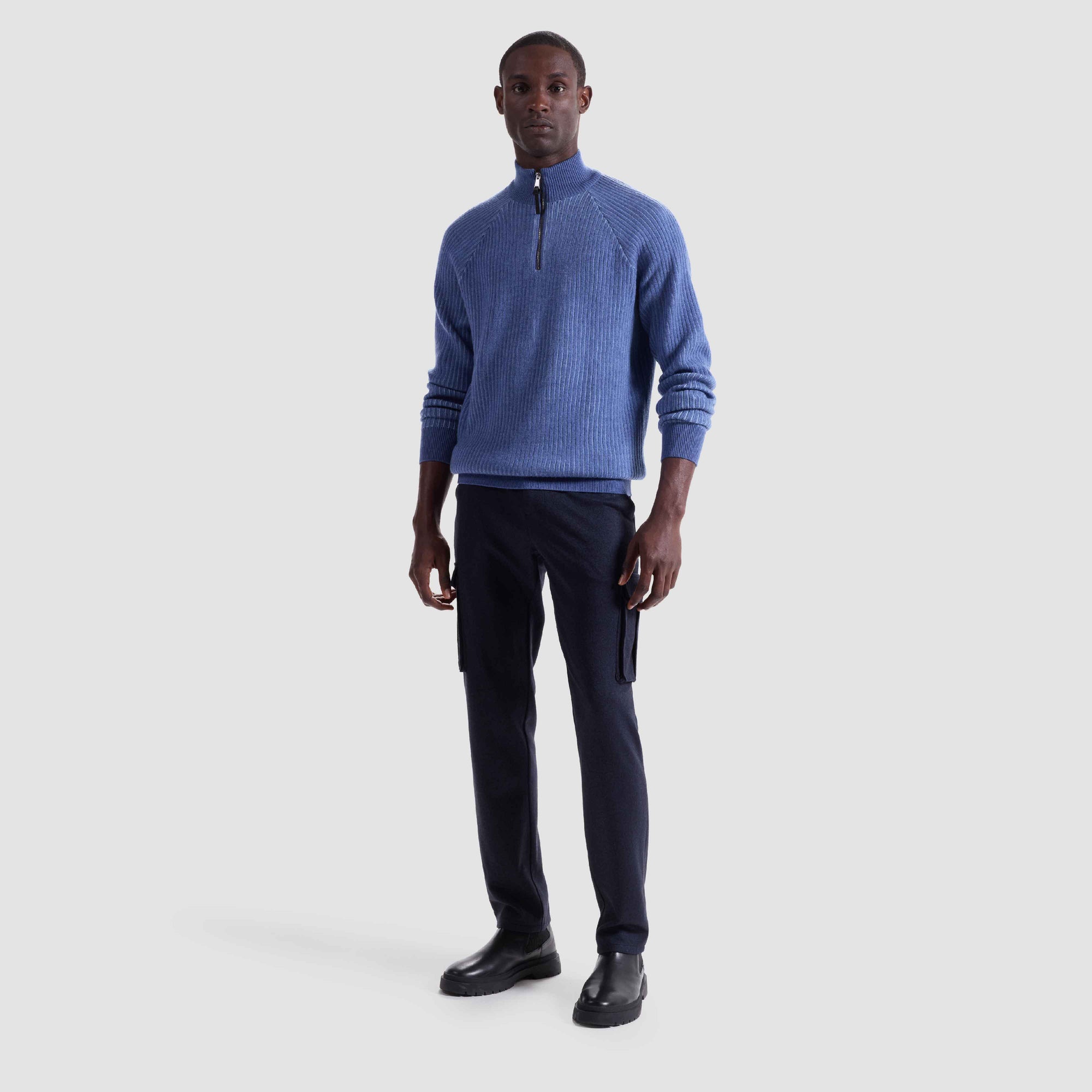 Two-Tone Rib Knit Quarter Zip Sweater