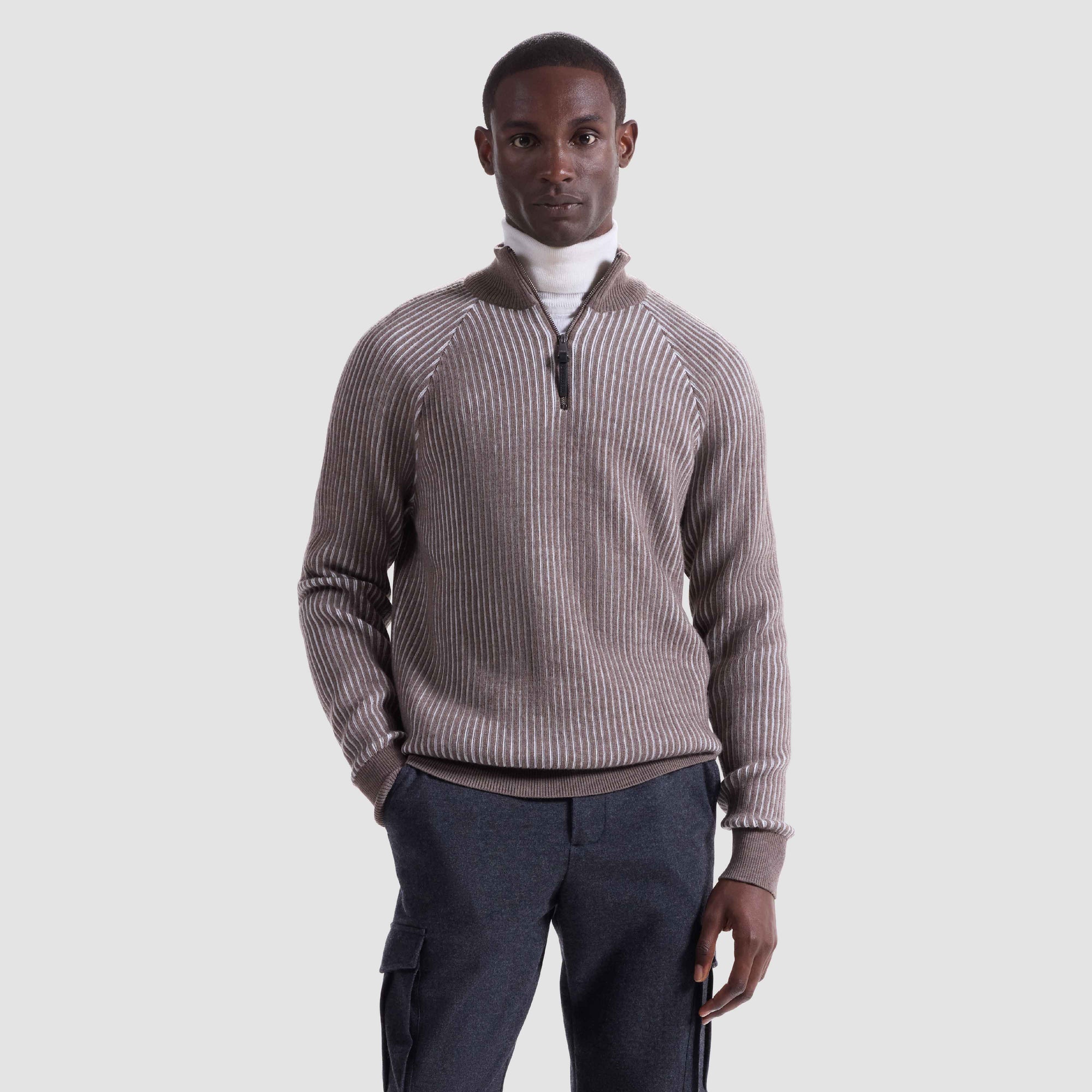 Two-Tone Rib Knit Quarter Zip Sweater