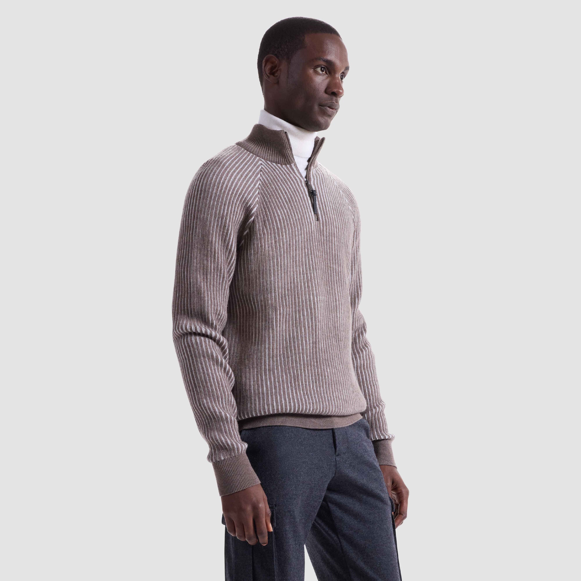Two-Tone Rib Knit Quarter Zip Sweater