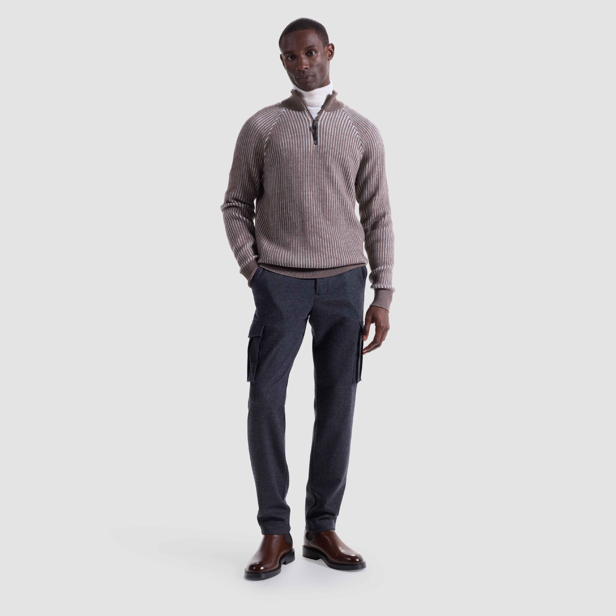 Two-Tone Rib Knit Quarter Zip Sweater