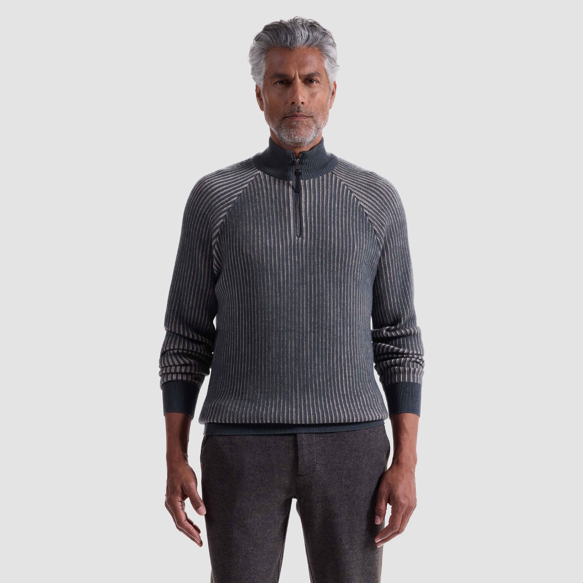 Two-Tone Rib Knit Quarter Zip Sweater