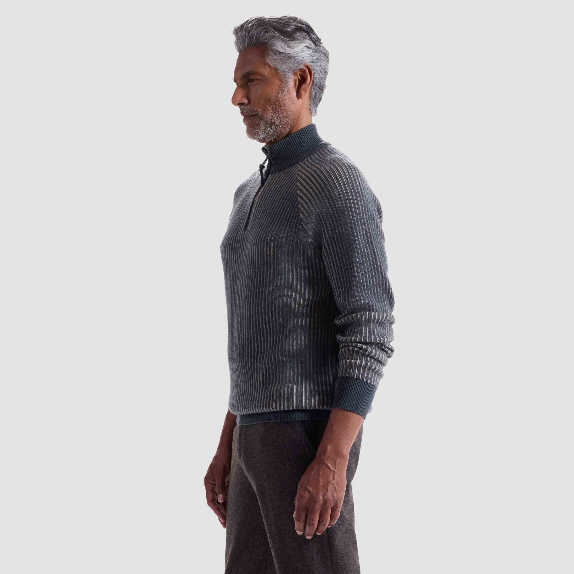 Two-Tone Rib Knit Quarter Zip Sweater
