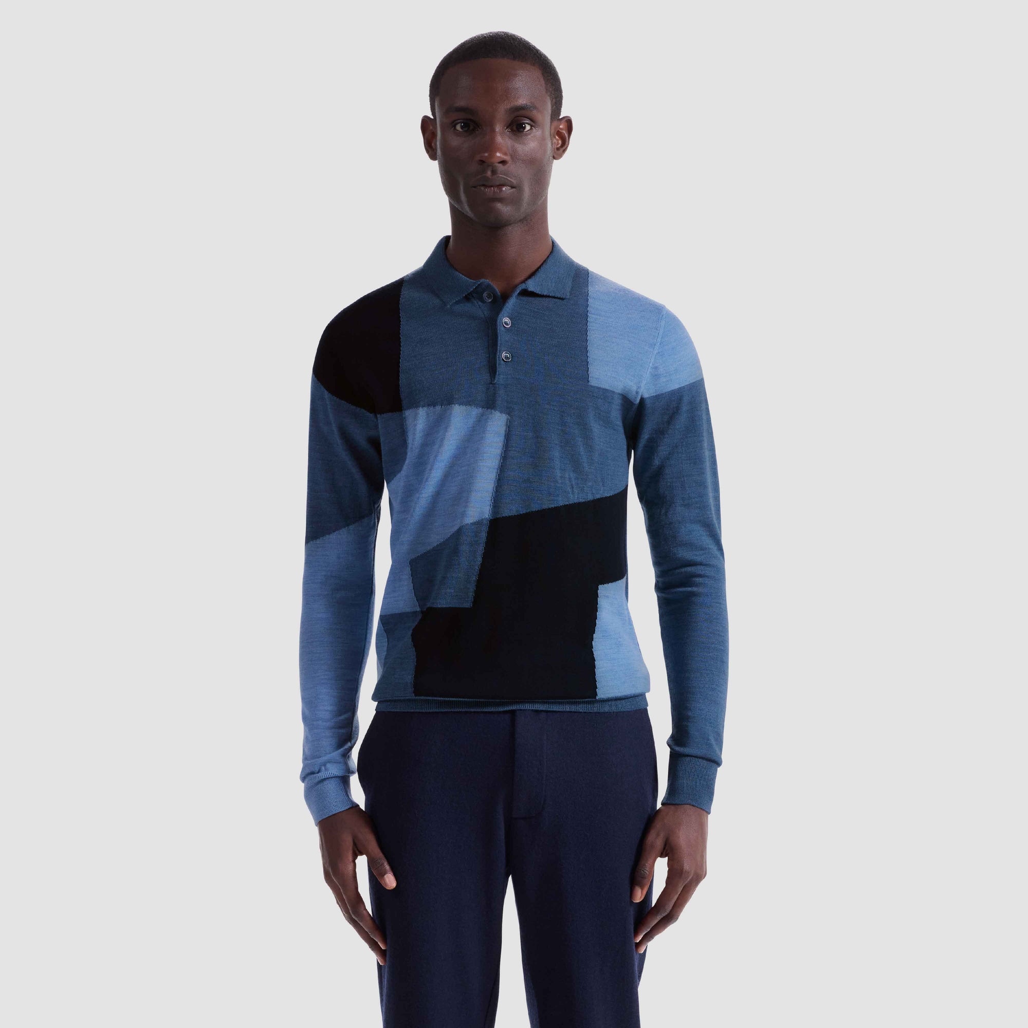 Geometric Intarsia Merino Polo Sweater