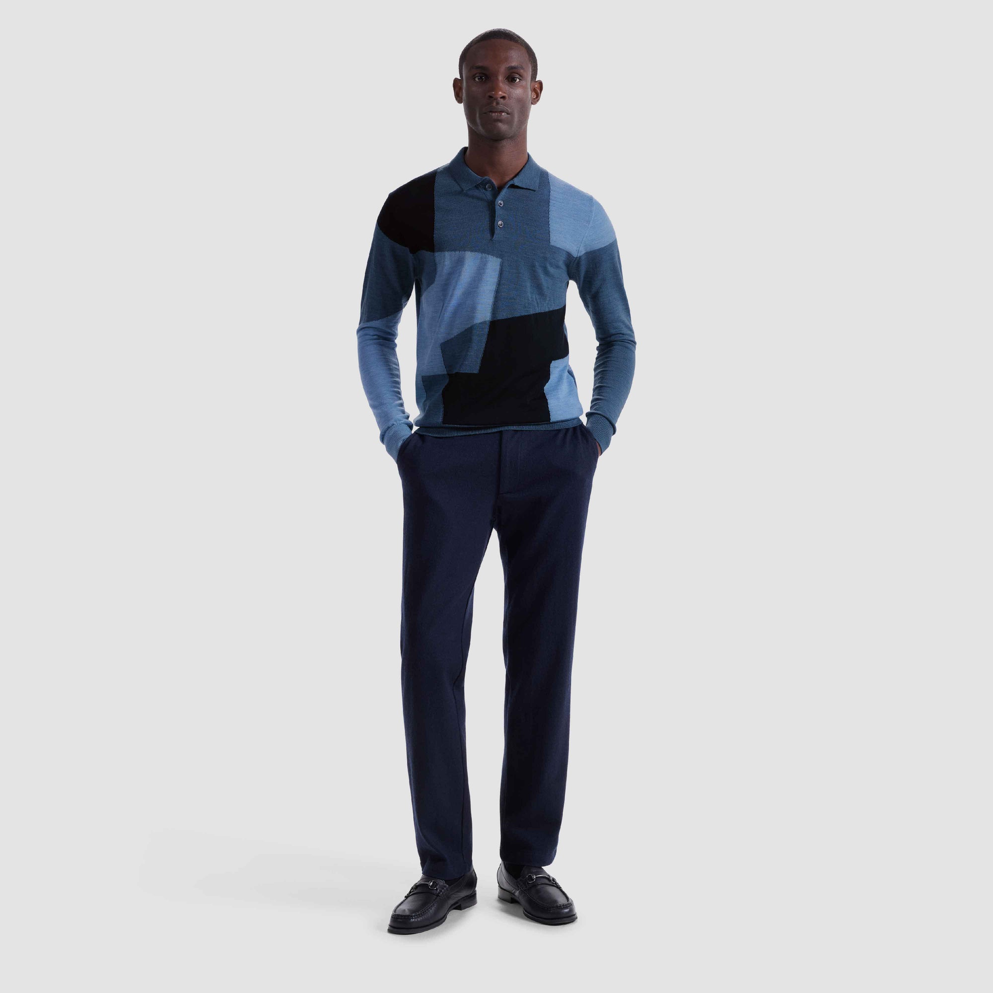 Geometric Intarsia Merino Polo Sweater