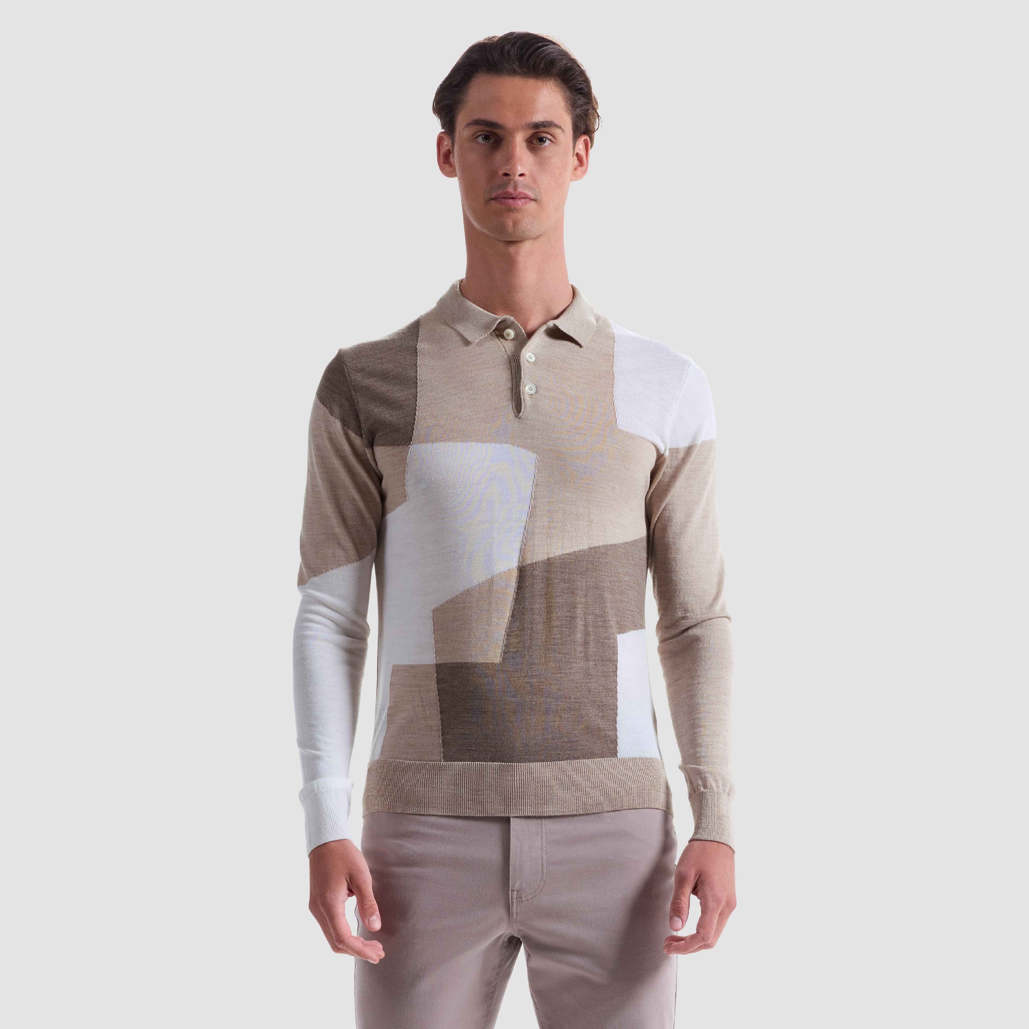 Geometric Intarsia Merino Polo Sweater