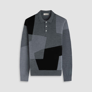 Geometric Intarsia Merino Polo Sweater