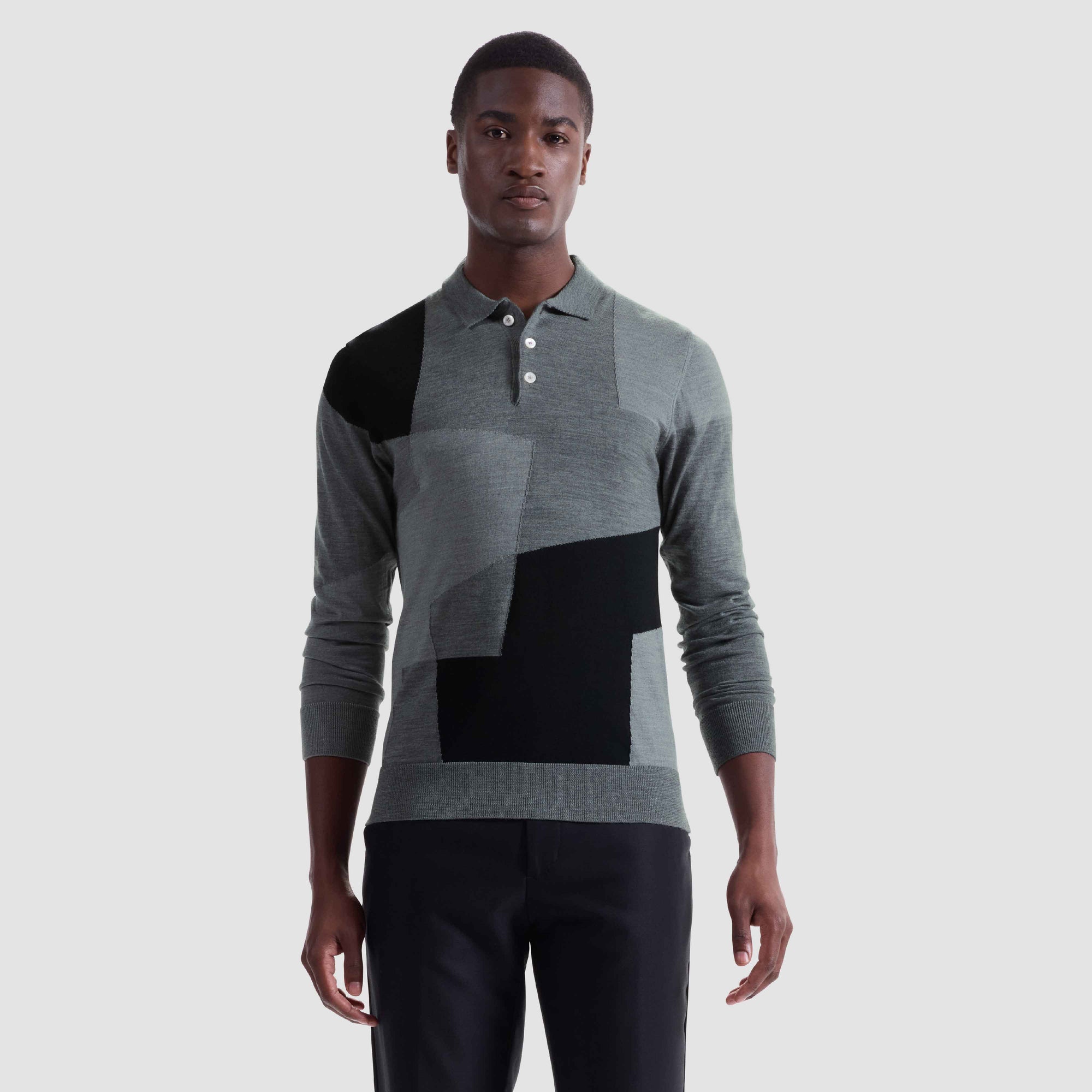 Geometric Intarsia Merino Polo Sweater