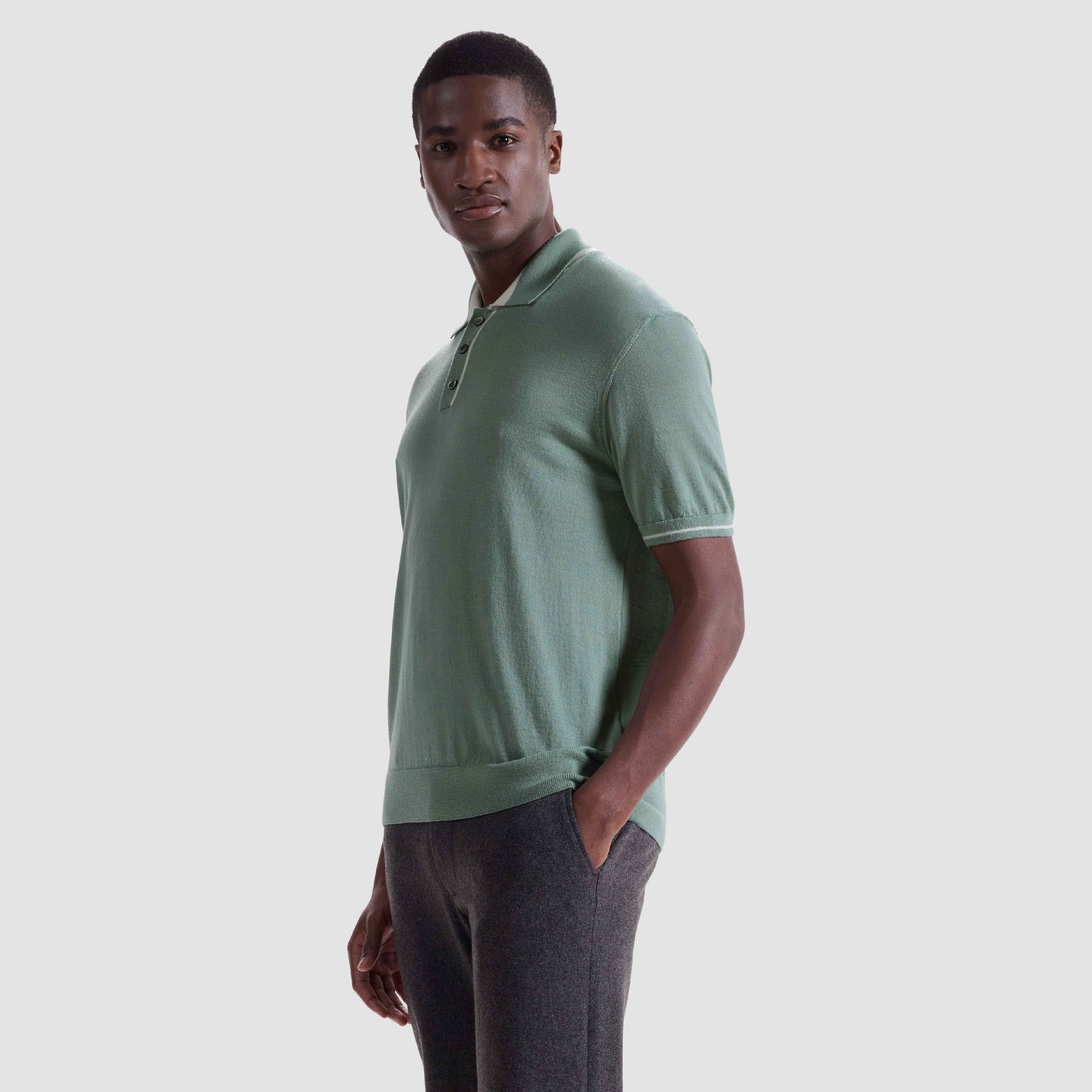 Solid Rib Merino-Silk Polo Sweater
