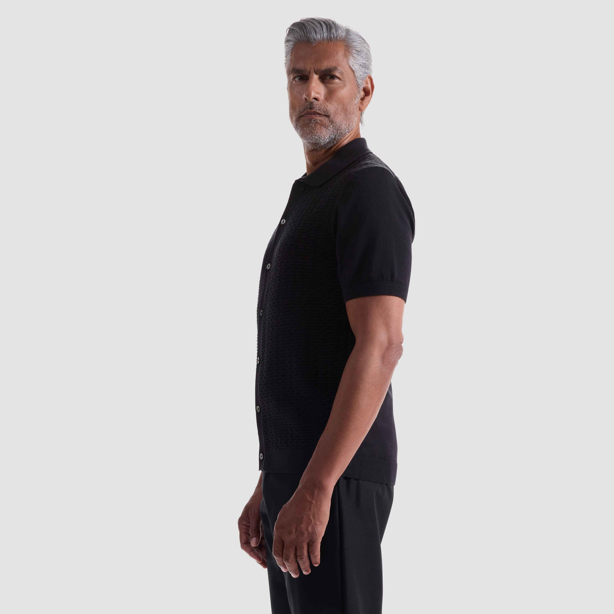 Ladder Stitch Full Button Polo Sweater