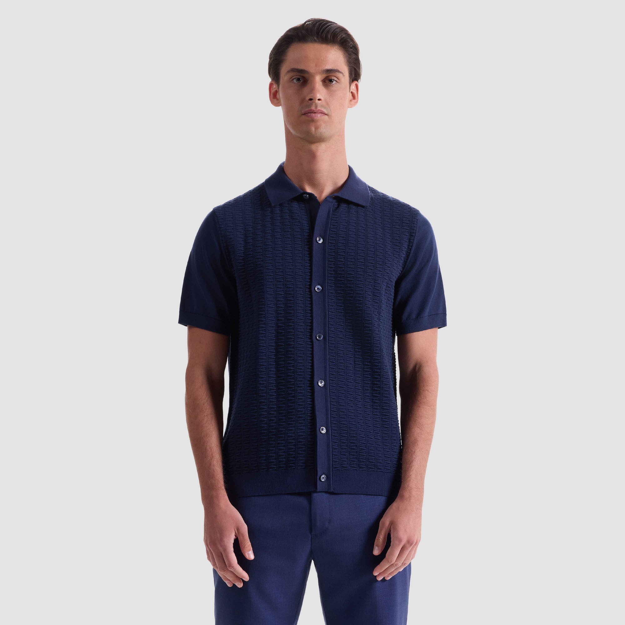 Ladder Stitch Full Button Polo Sweater
