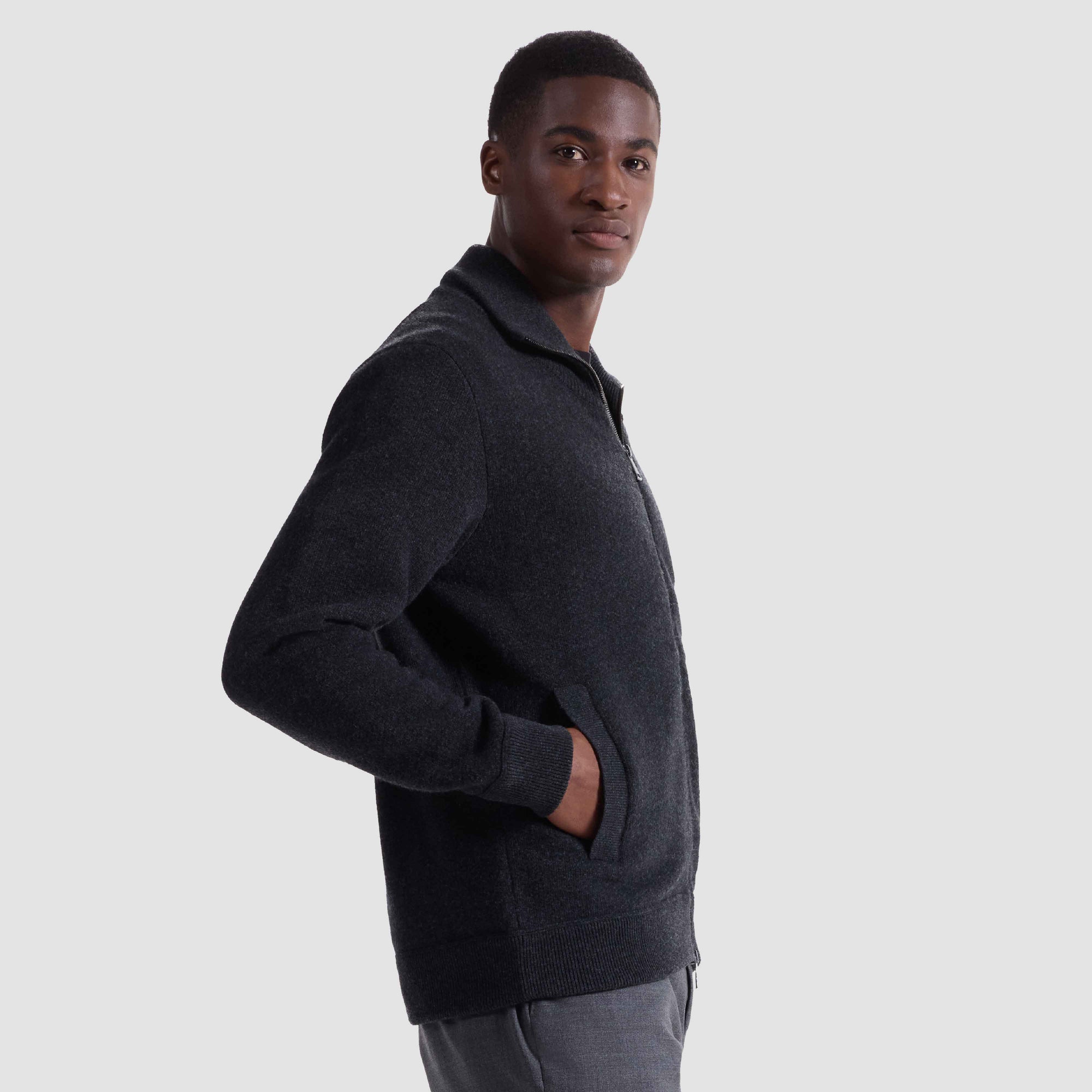 Melange Herringbone Full Zip Sweater