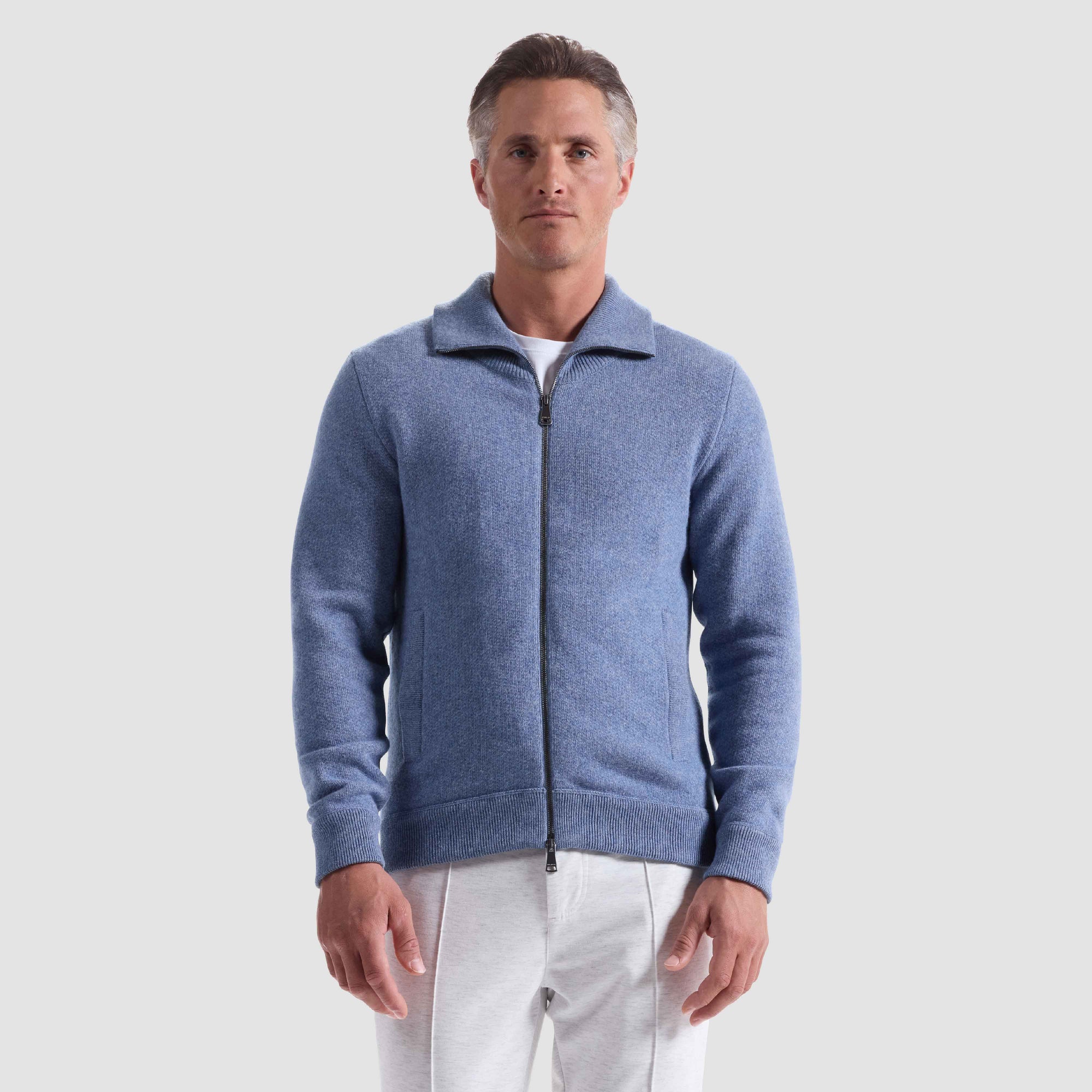 Melange Herringbone Full Zip Sweater