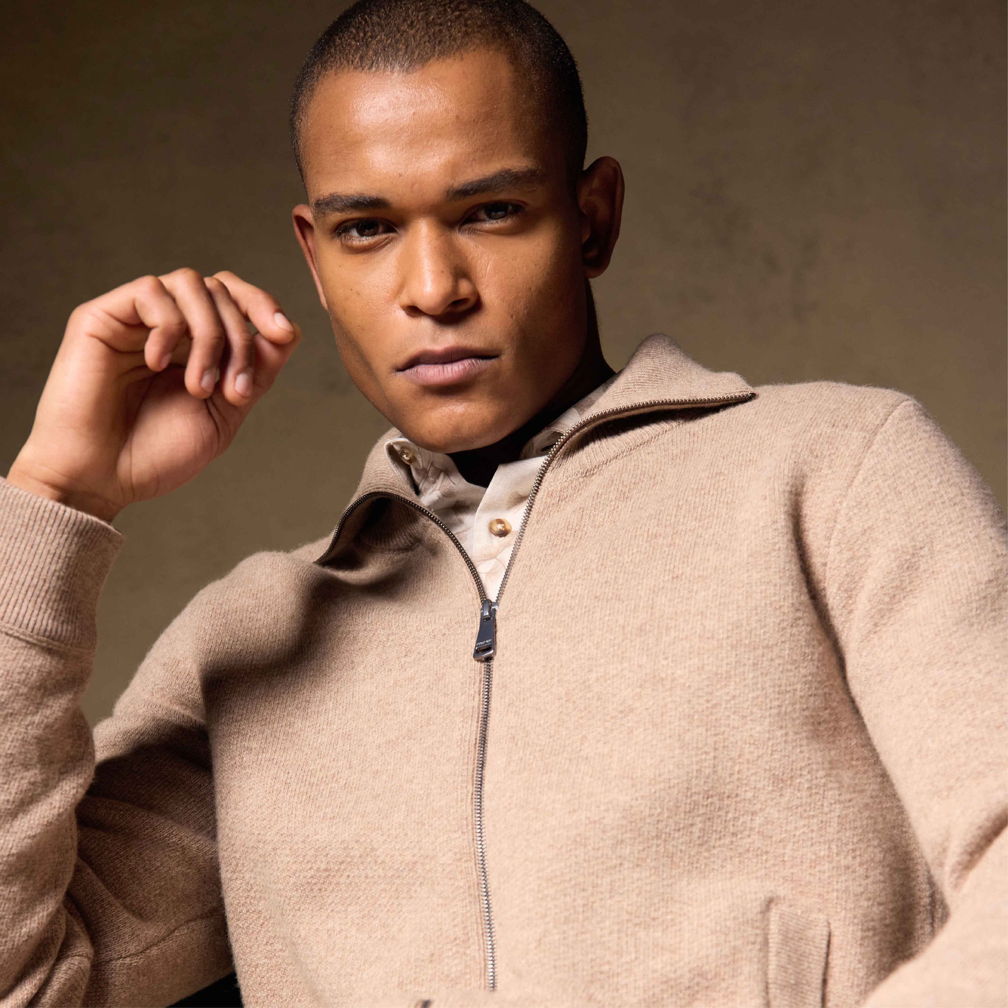 Melange Herringbone Full Zip Sweater