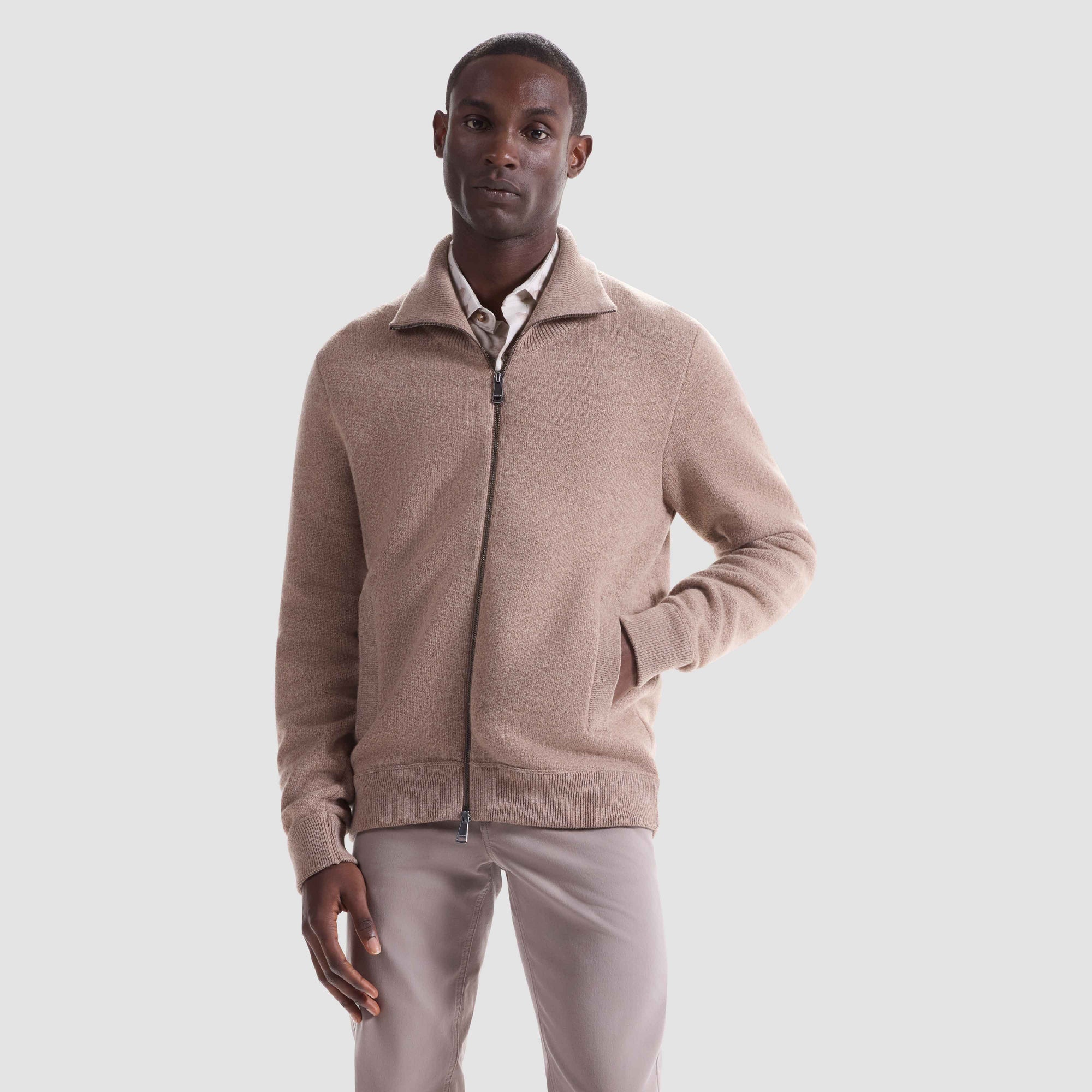 Melange Herringbone Full Zip Sweater