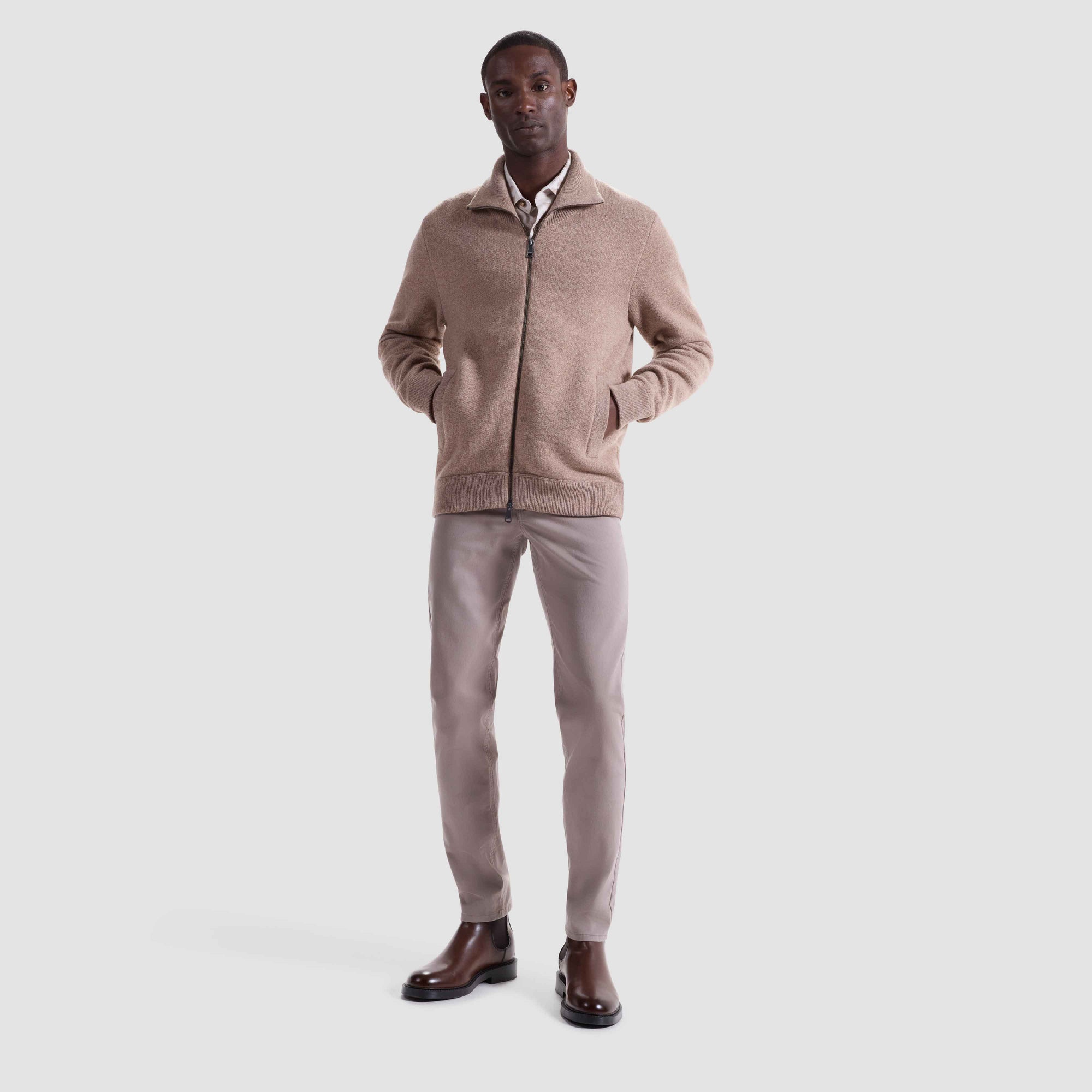 Melange Herringbone Full Zip Sweater