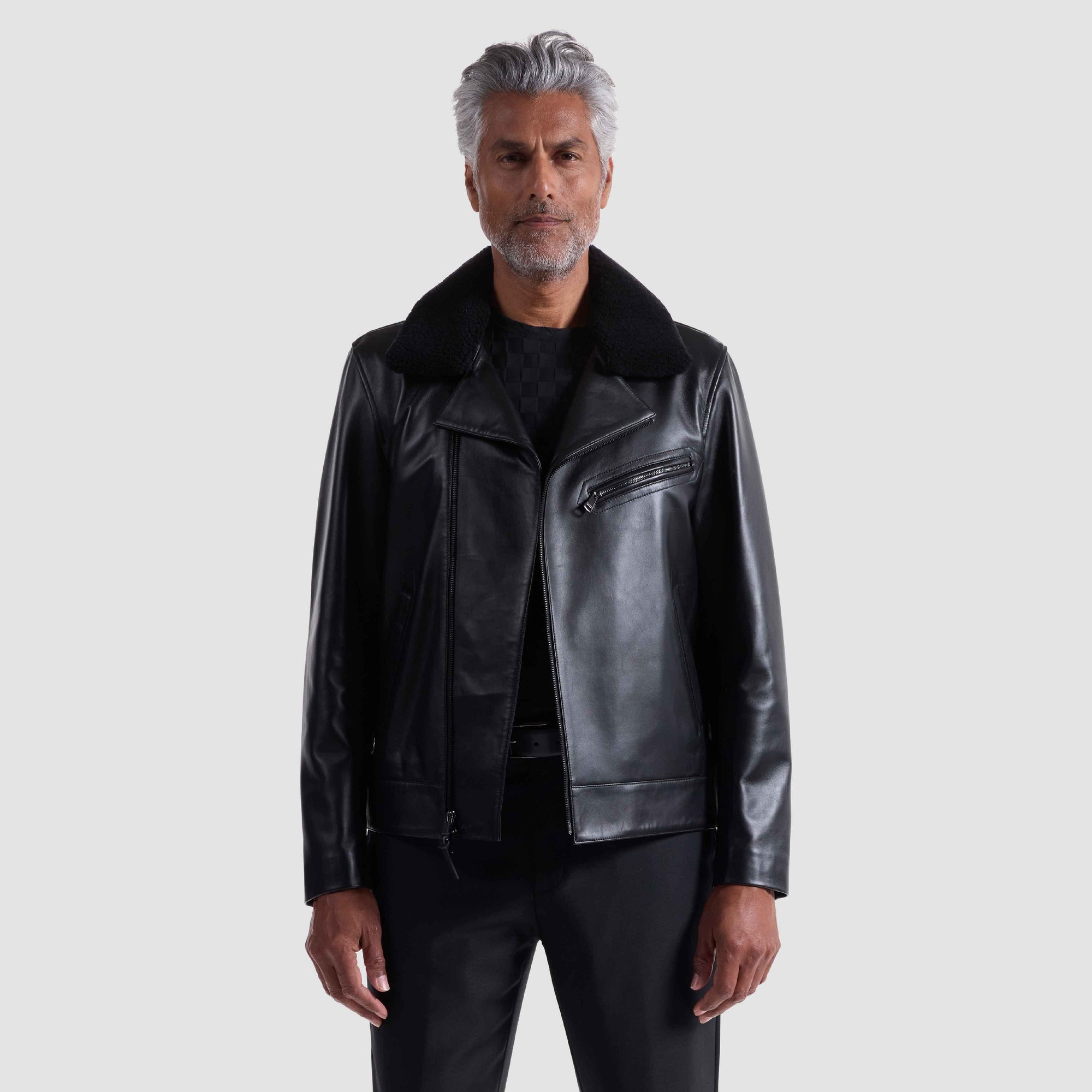 Leather Biker Jacket With Removable Shearling Collar