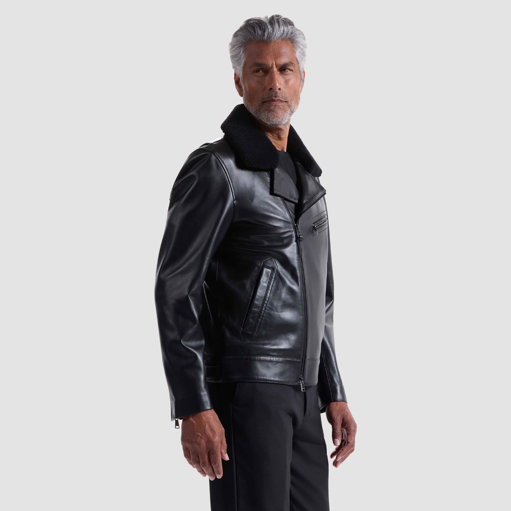 Leather Biker Jacket With Removable Shearling Collar