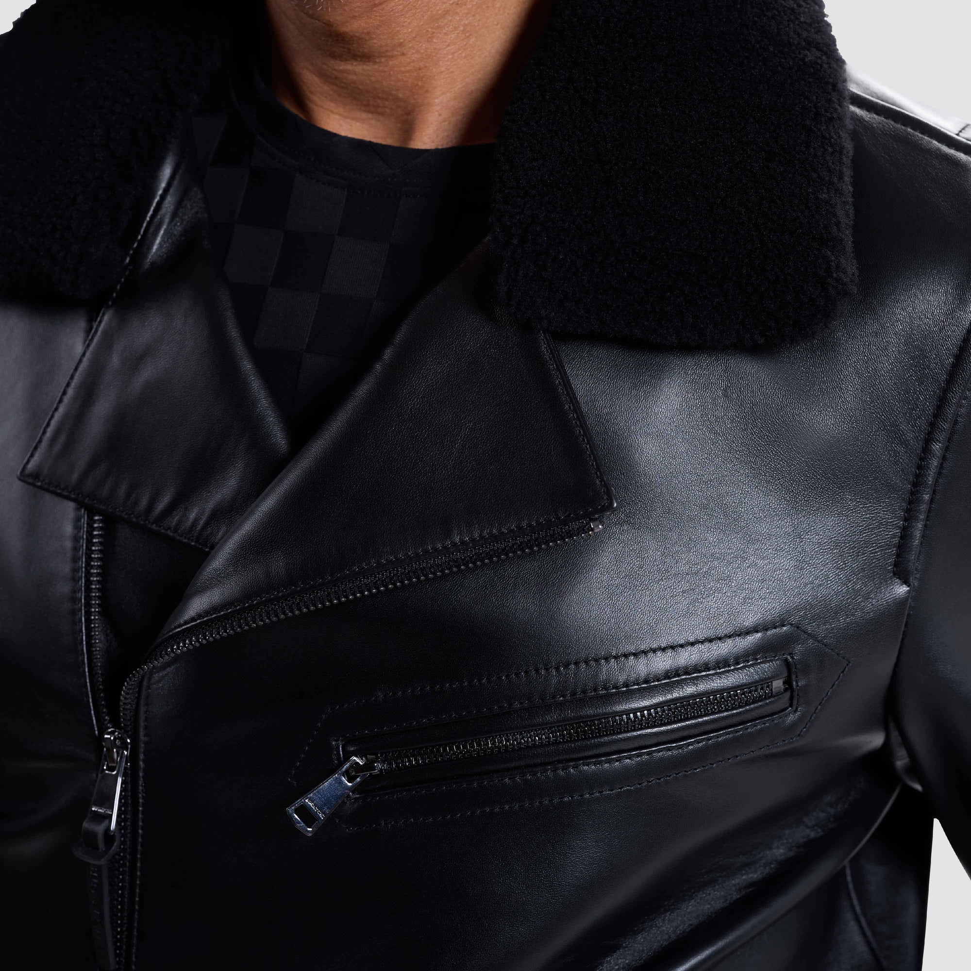 Leather Biker Jacket With Removable Shearling Collar