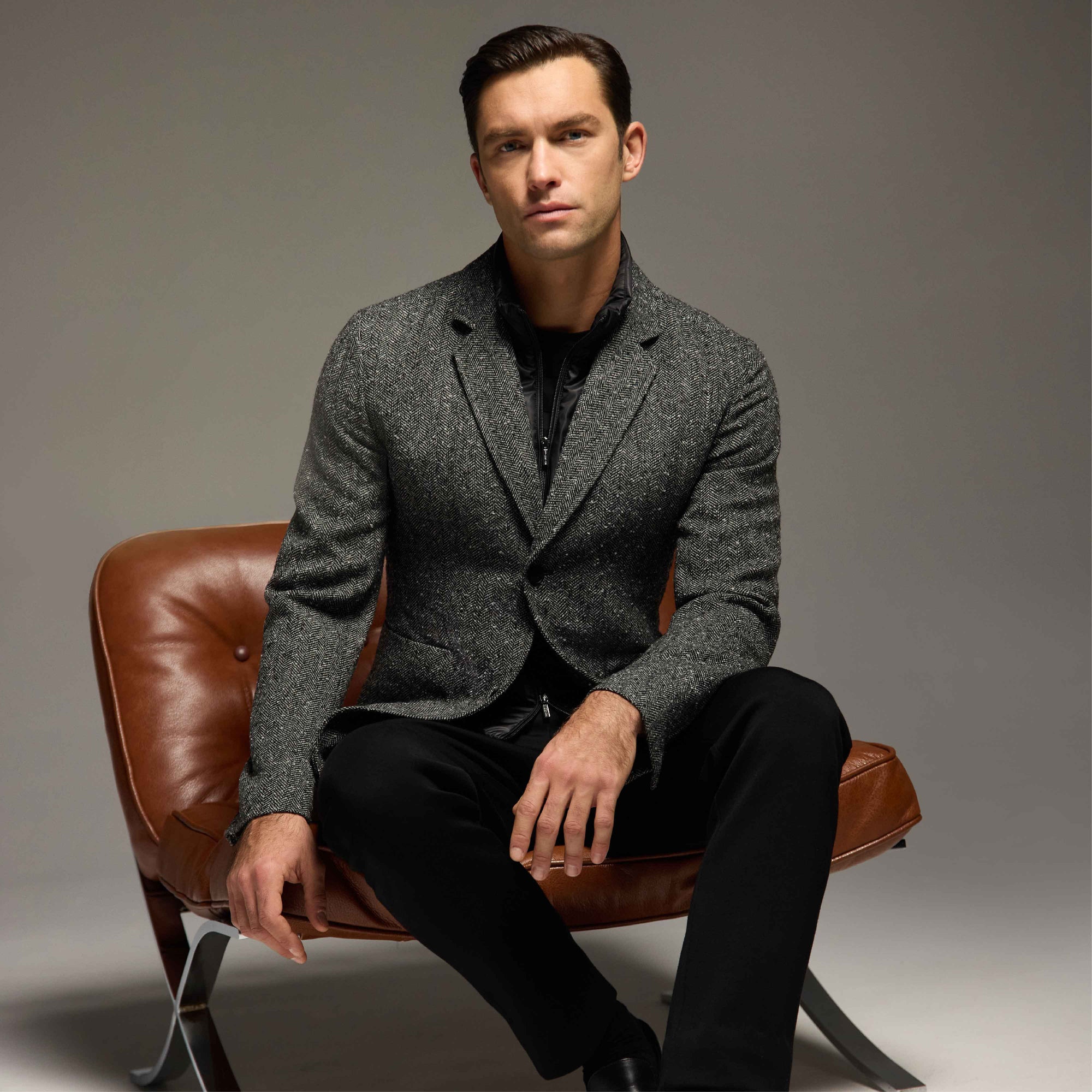 Herringbone Two-Button Blazer with Detachable Bib