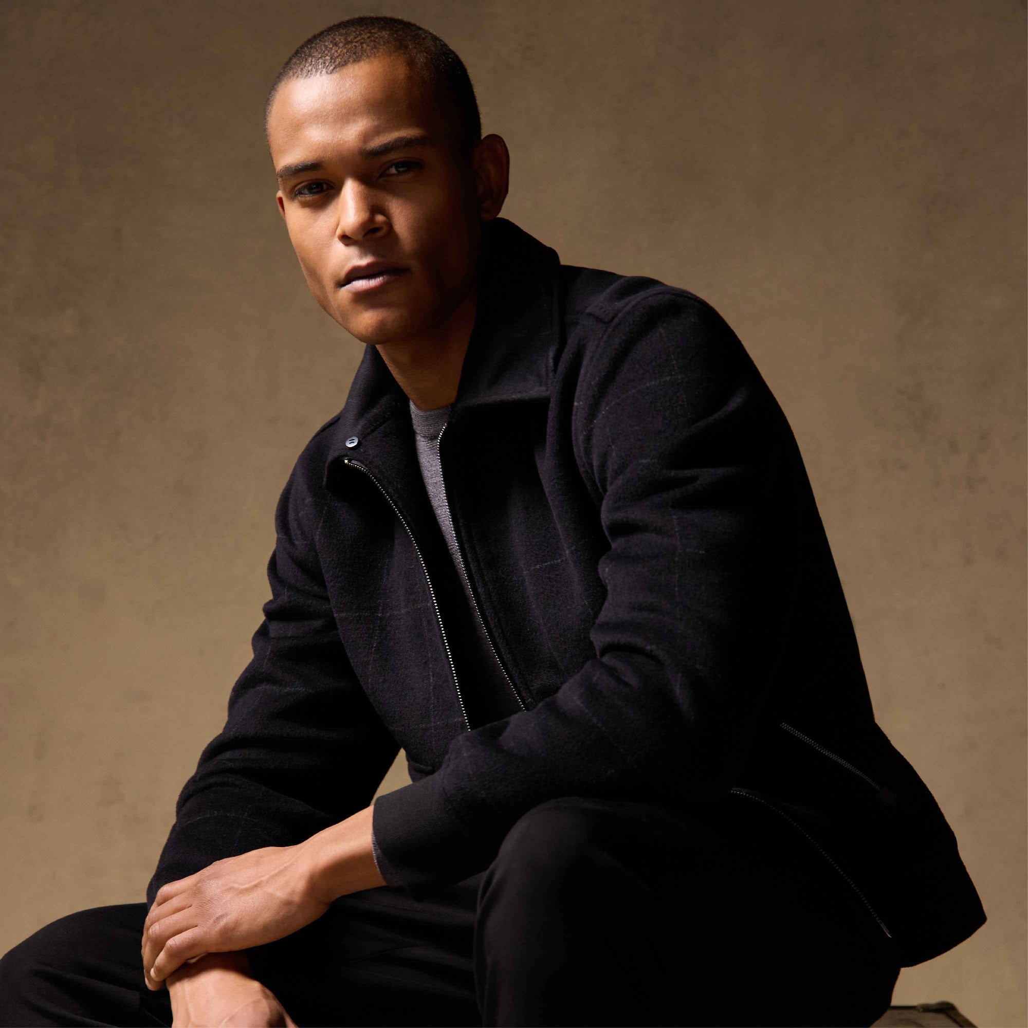 Windowpane Bomber Jacket with Removable Shearling Collar