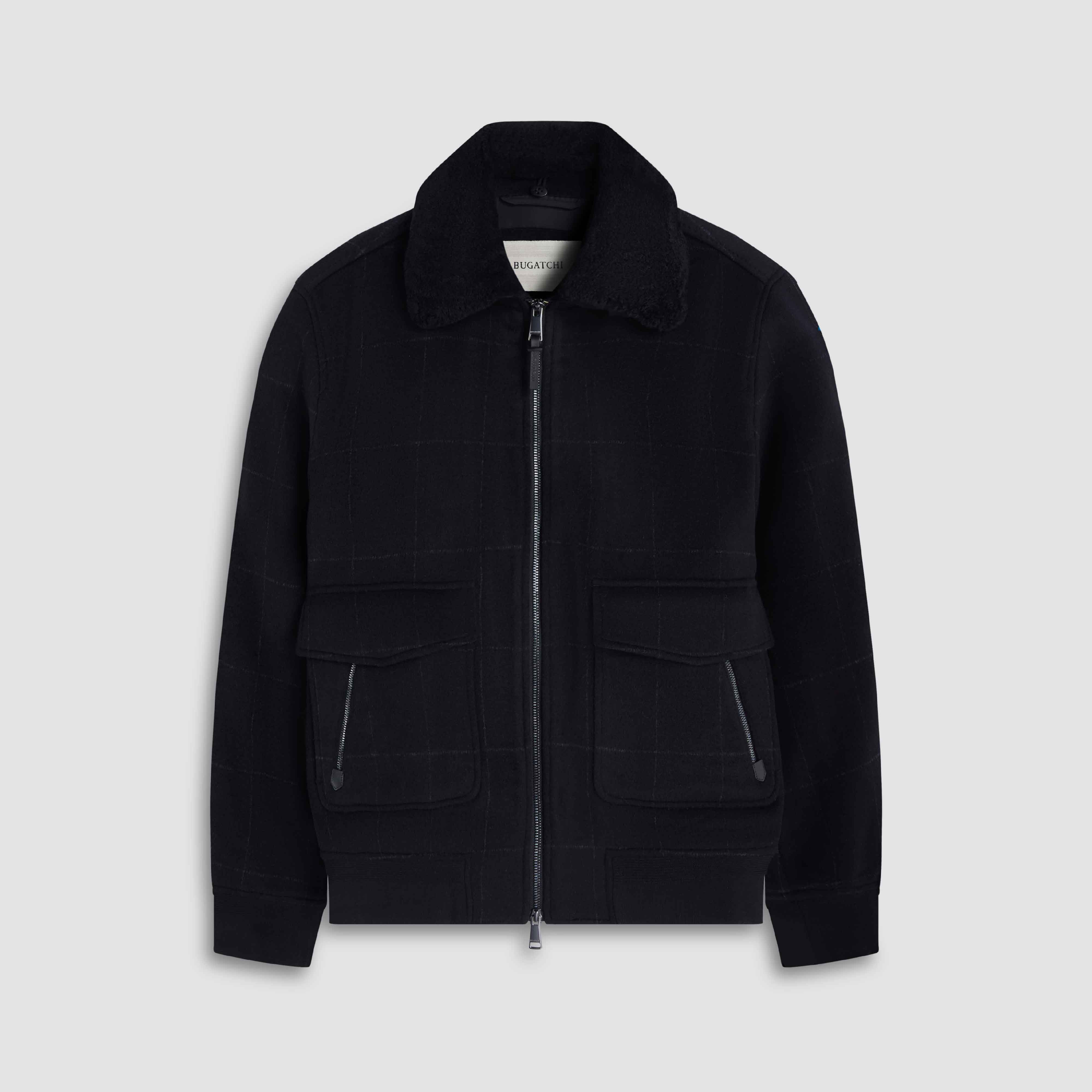 Windowpane Bomber Jacket with Removable Shearling Collar – BUGATCHI Windowpane Bomber Jacket with Removable Shearling Collar – BUGATCHI