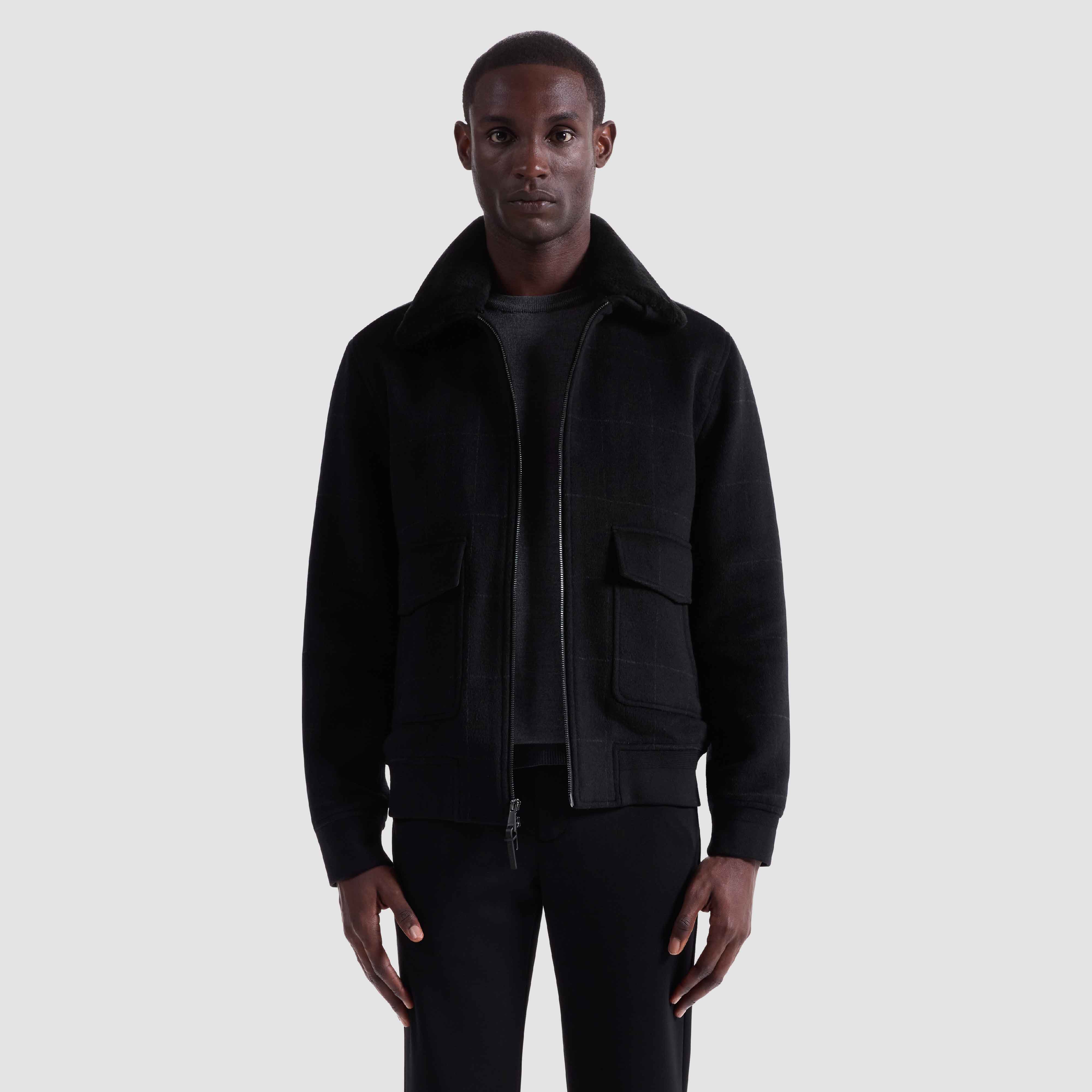 Windowpane Bomber Jacket with Removable Shearling Collar – BUGATCHI Windowpane Bomber Jacket with Removable Shearling Collar – BUGATCHI