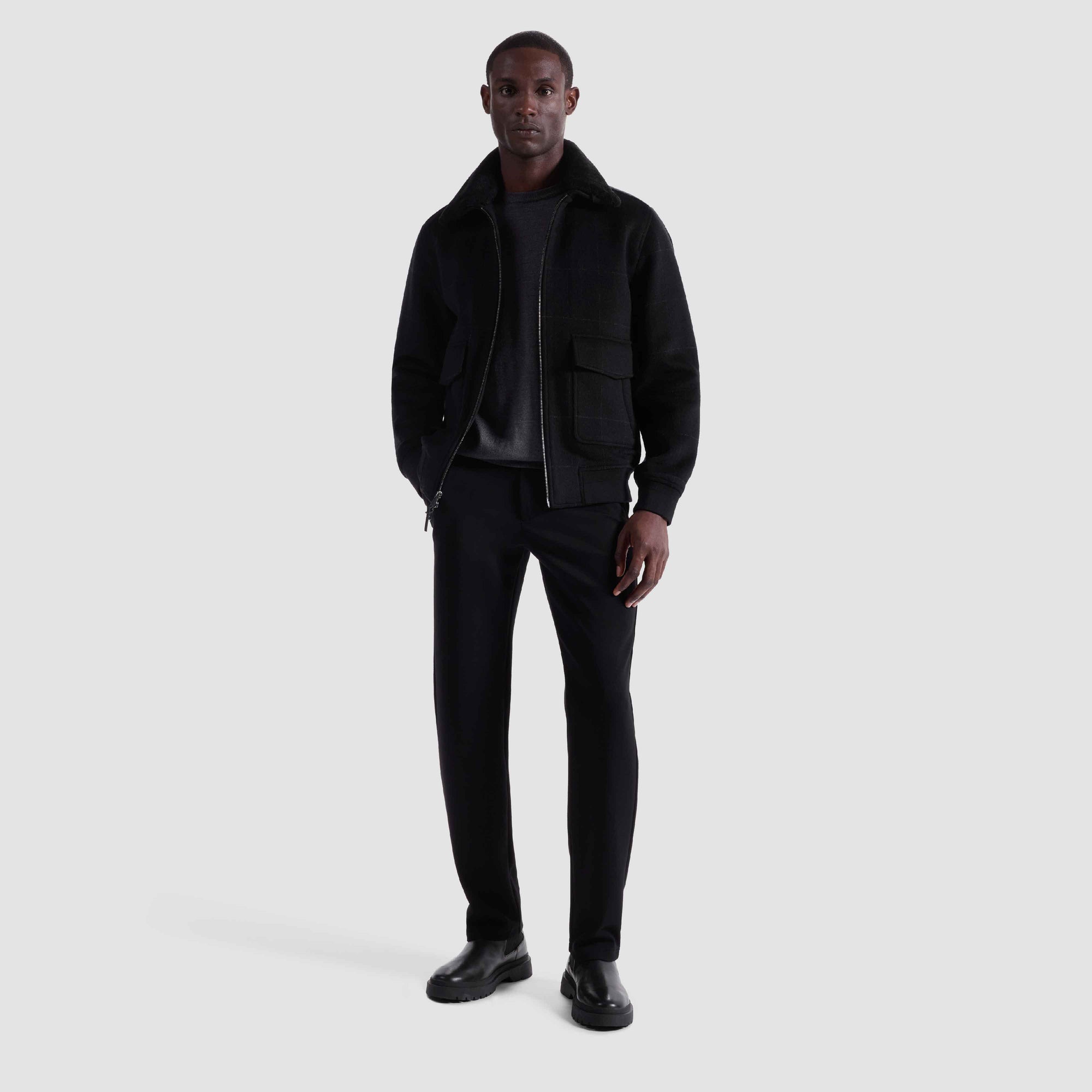 Windowpane Bomber Jacket with Removable Shearling Collar