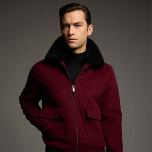 Windowpane Bomber Jacket with Removable Shearling Collar