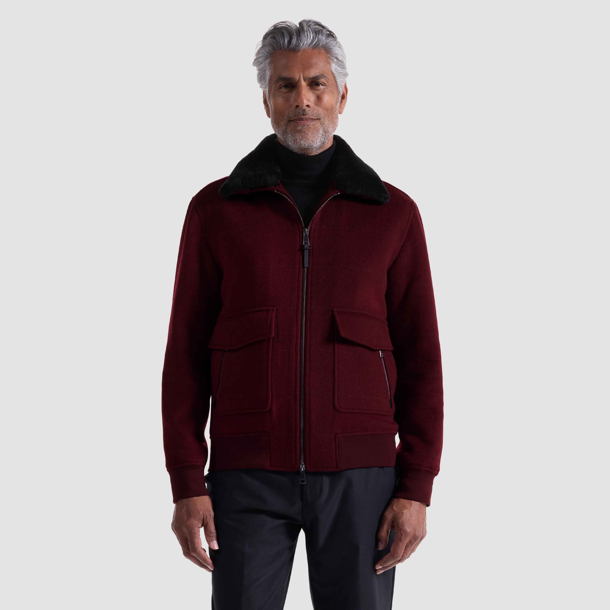 Windowpane Bomber Jacket with Removable Shearling Collar