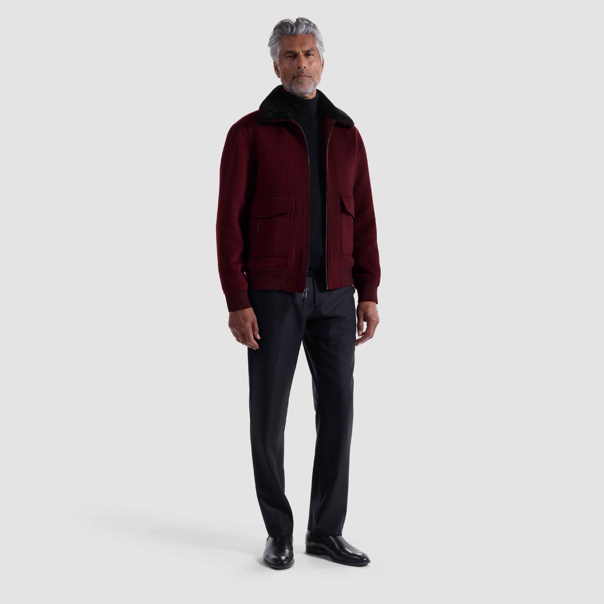 Windowpane Bomber Jacket with Removable Shearling Collar