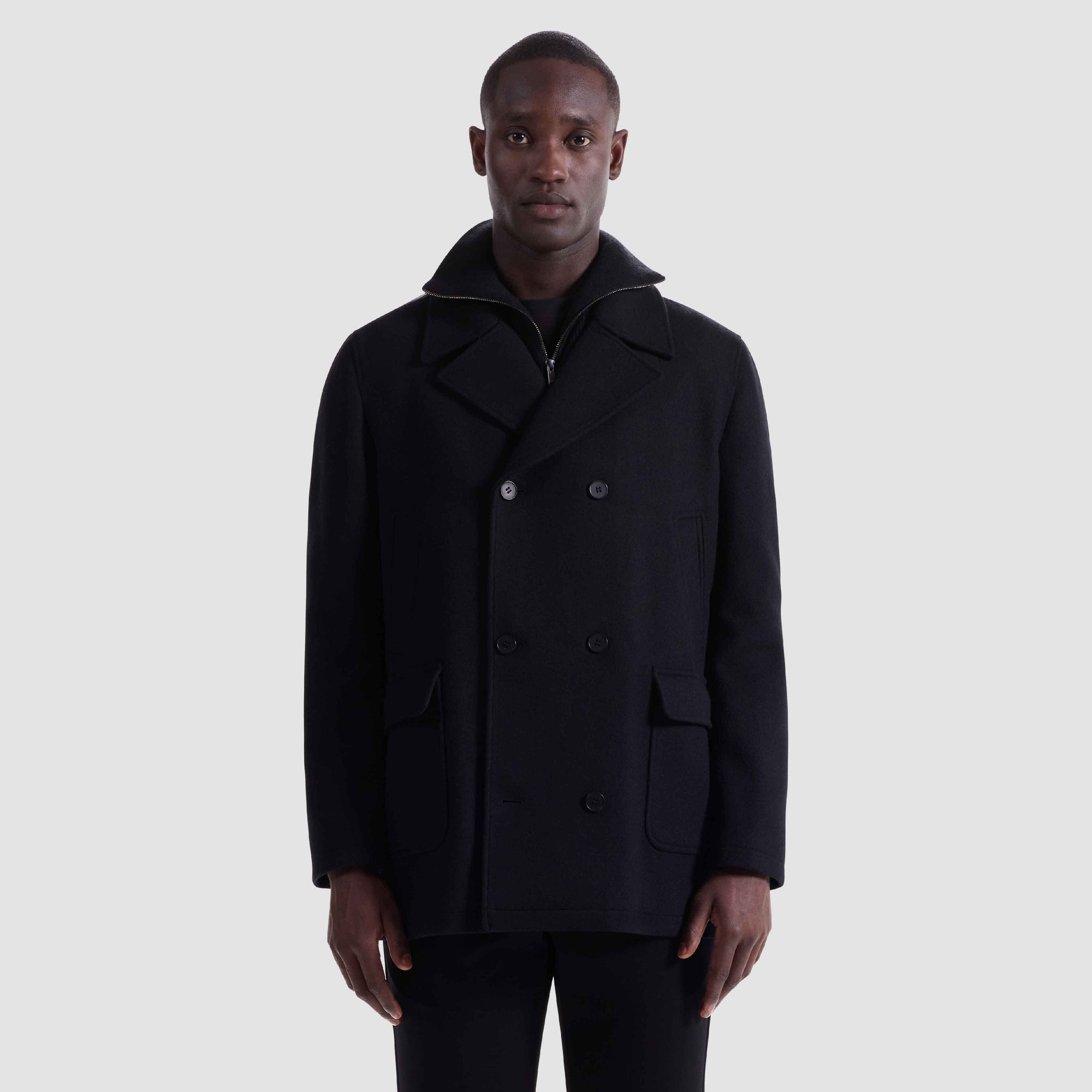 Tweed Peacoat With Leather Trim