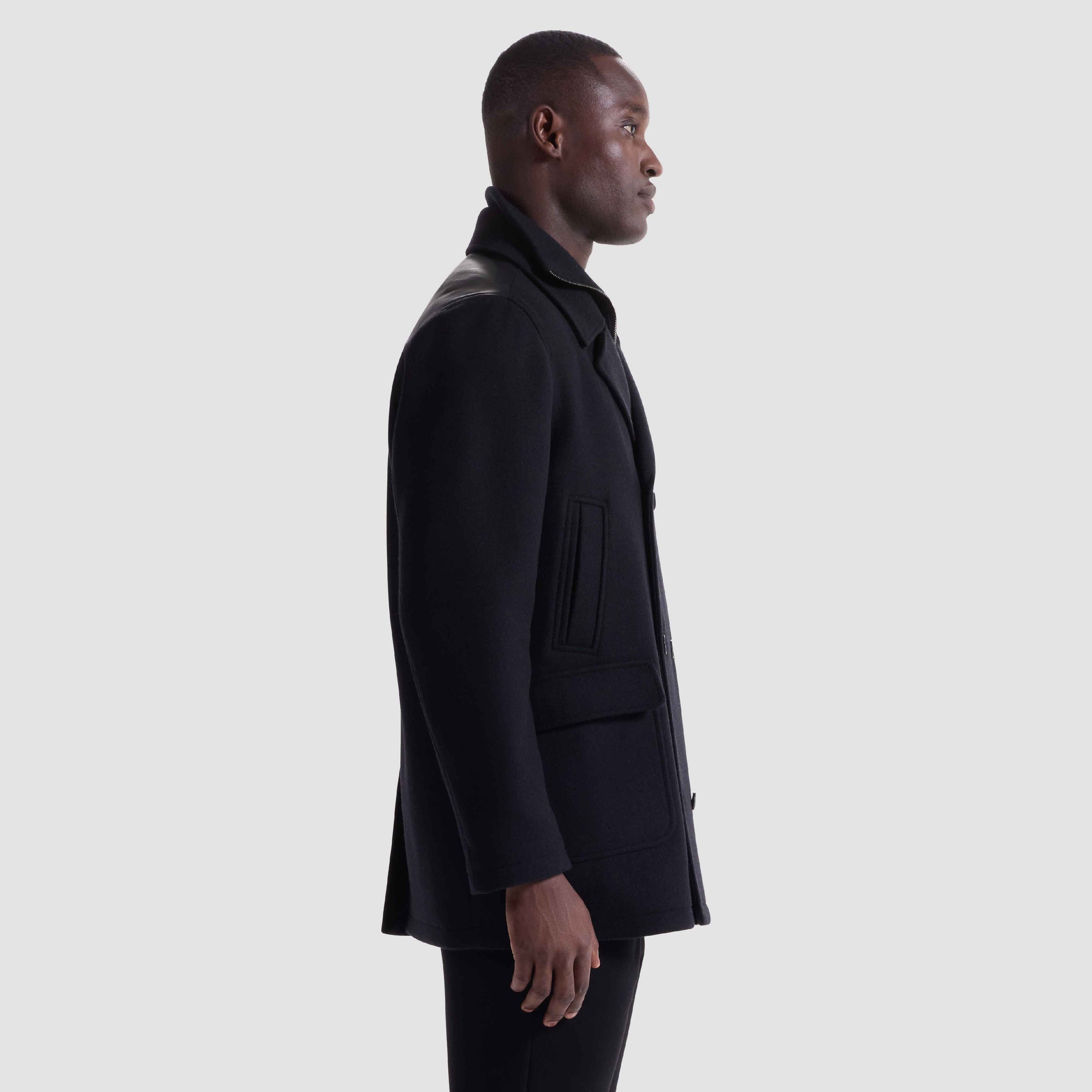 Tweed Peacoat With Leather Trim